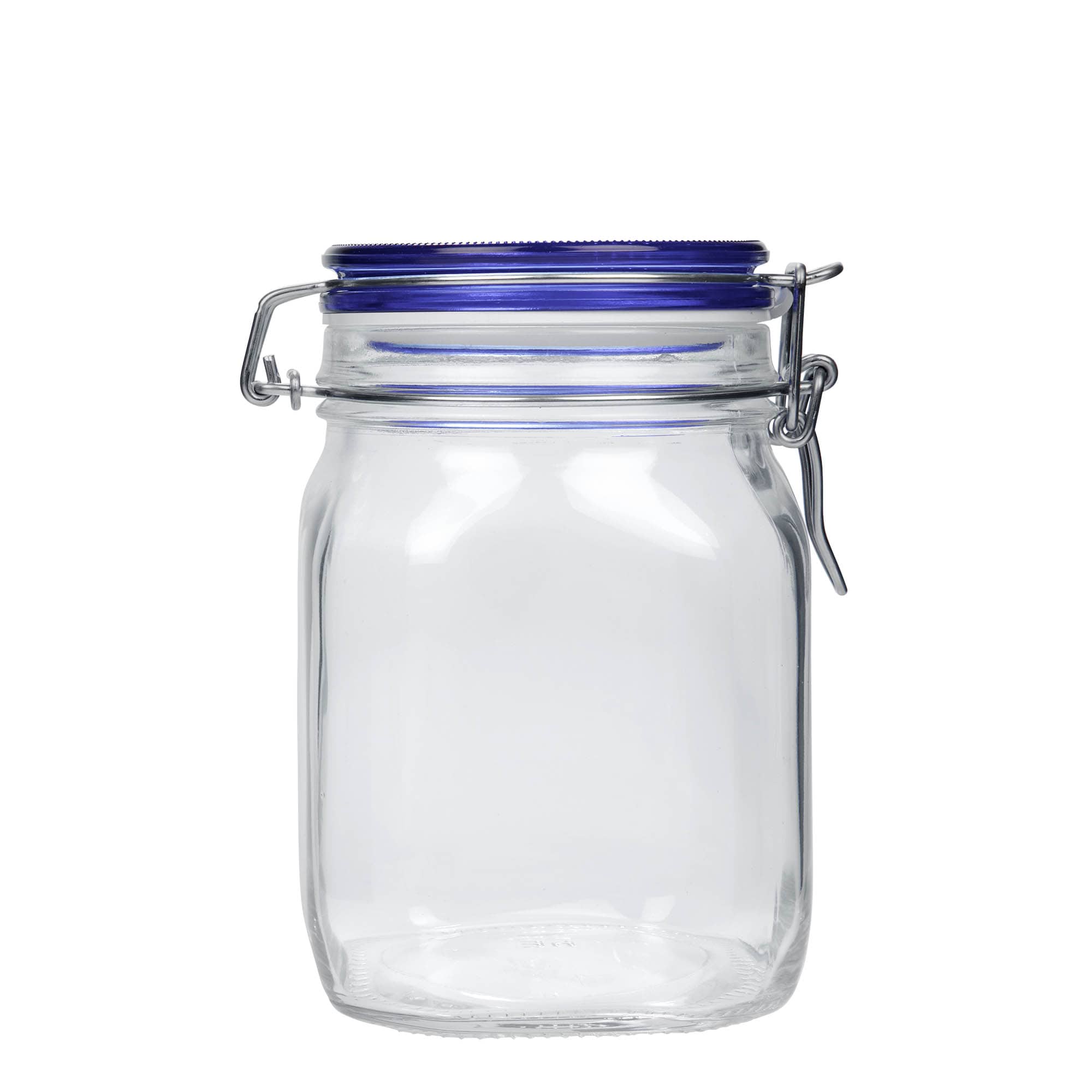 1.000 ml traadist sulguriga klaaspurk 'Fido' sinise kaanega, ruudukujuline, ava: traadist sulguriga sulgur