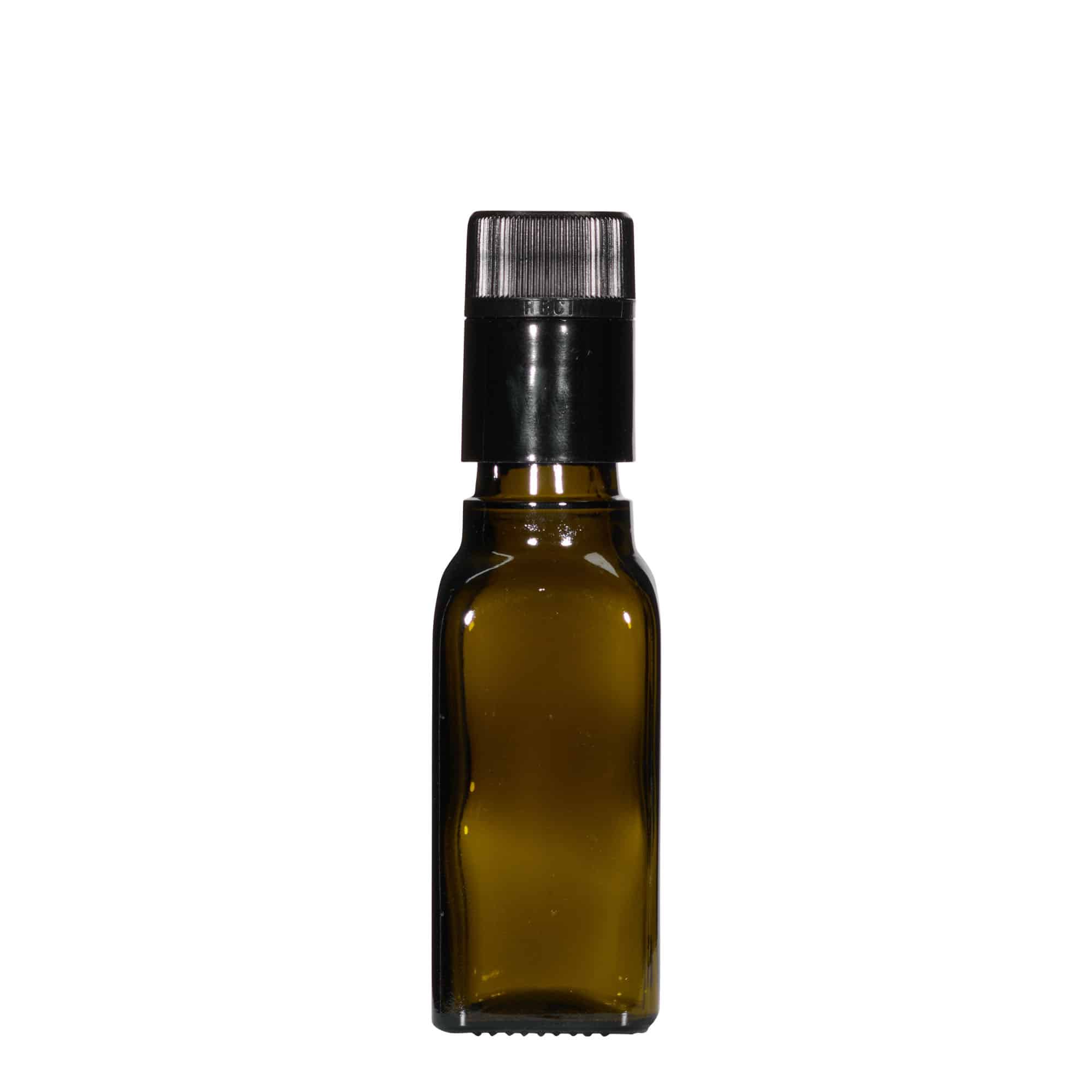 100 ml äädika/õlipudel 'Quadra', klaas, ruudukujuline, antiikroheline, sulgur: DOP