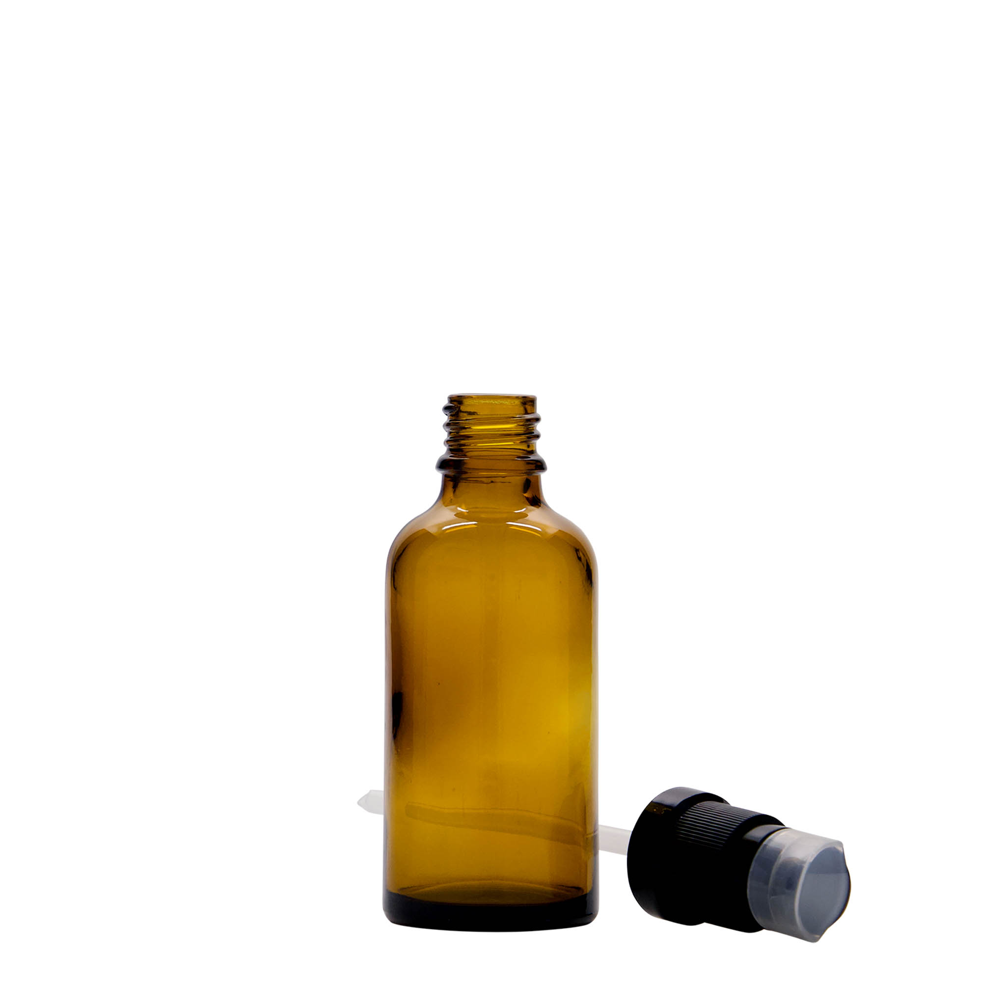 50 ml meditsiinipudel koos losjoonipumbaga, klaas, pruun, suu: DIN 18