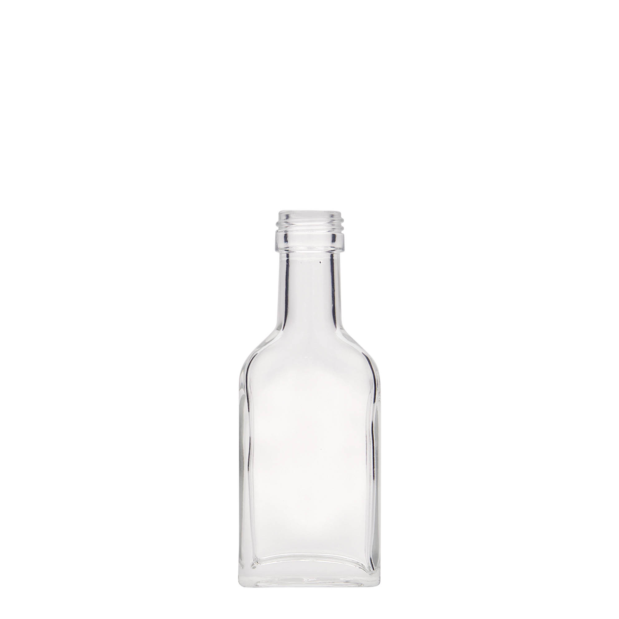 40 ml taskupudel pikk kael, ristkülikukujuline, klaas, suuava: PP 22