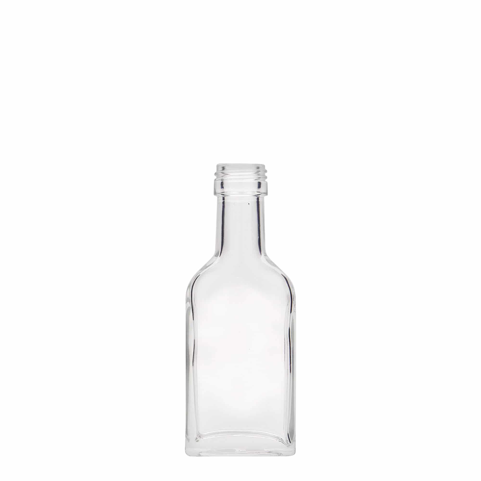 40 ml taskupudel pikk kael, ristkülikukujuline, klaas, suuava: PP 22