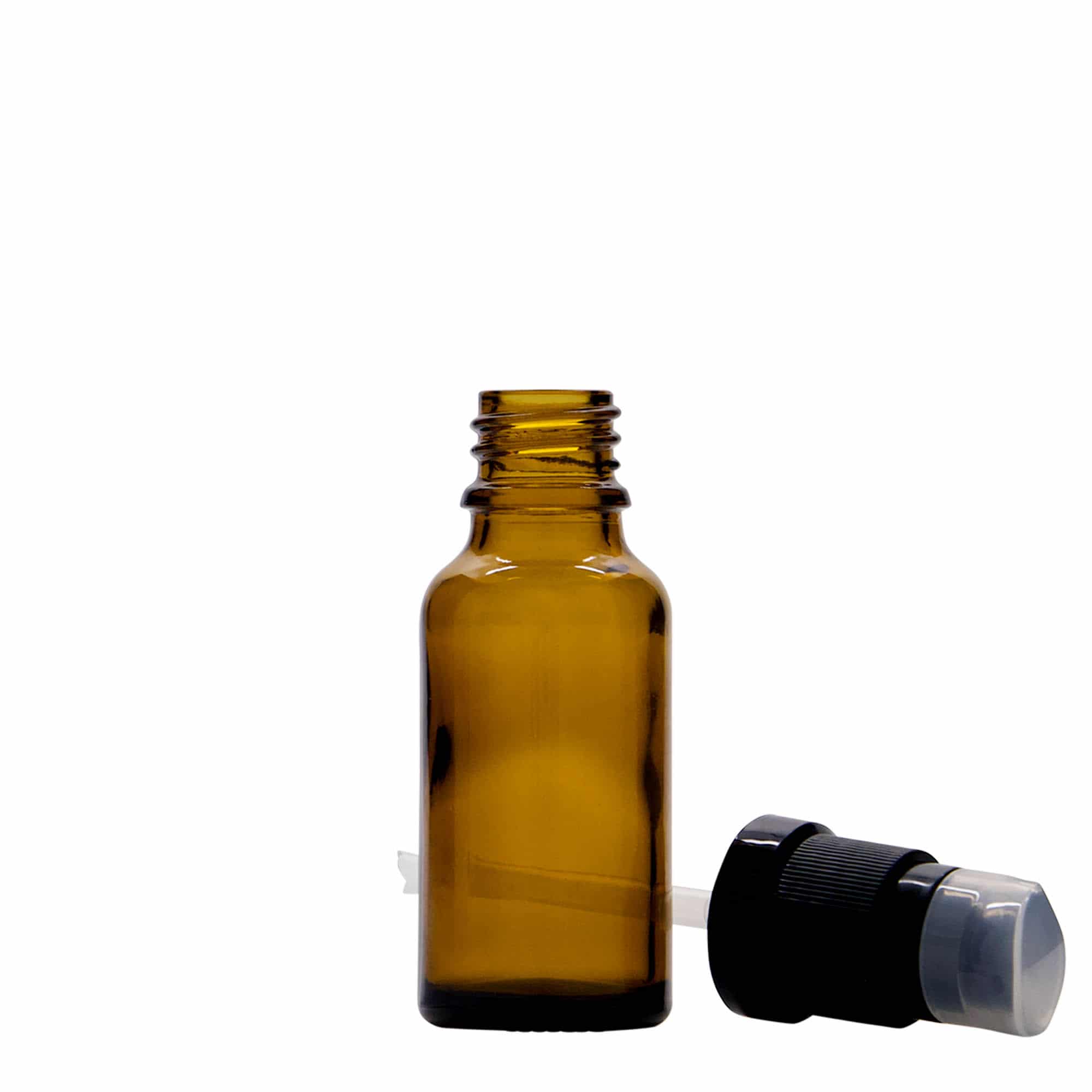 20 ml rohupudel vedelikupumbaga, klaas, pruun, sulgur: DIN 18