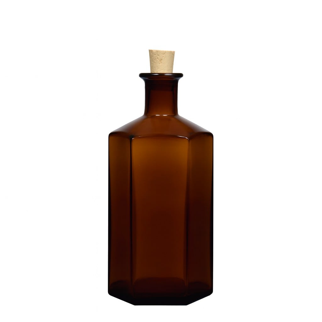 500 ml klaaspudel apteekrile 'Jimmy', kuusnurkne, pruun, suuava: kork
