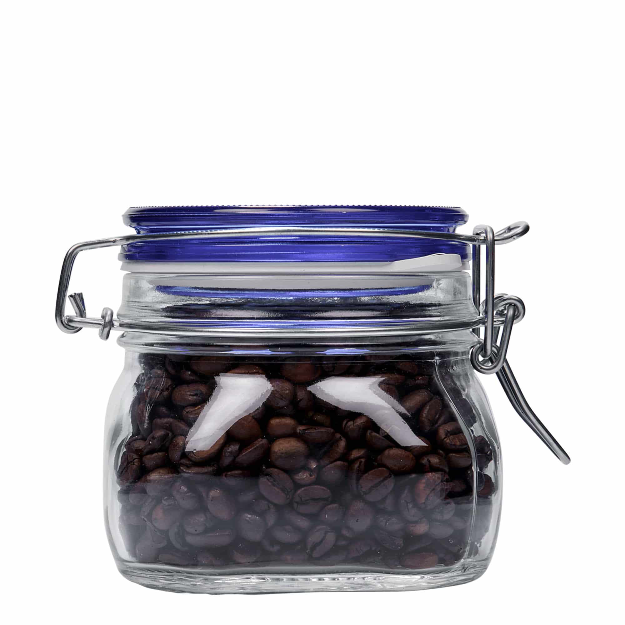 500 ml traadikäepidemega klaaspurk 'Fido' sinise kaanega, ruudukujuline, suuava: traadikäepideme sulgur