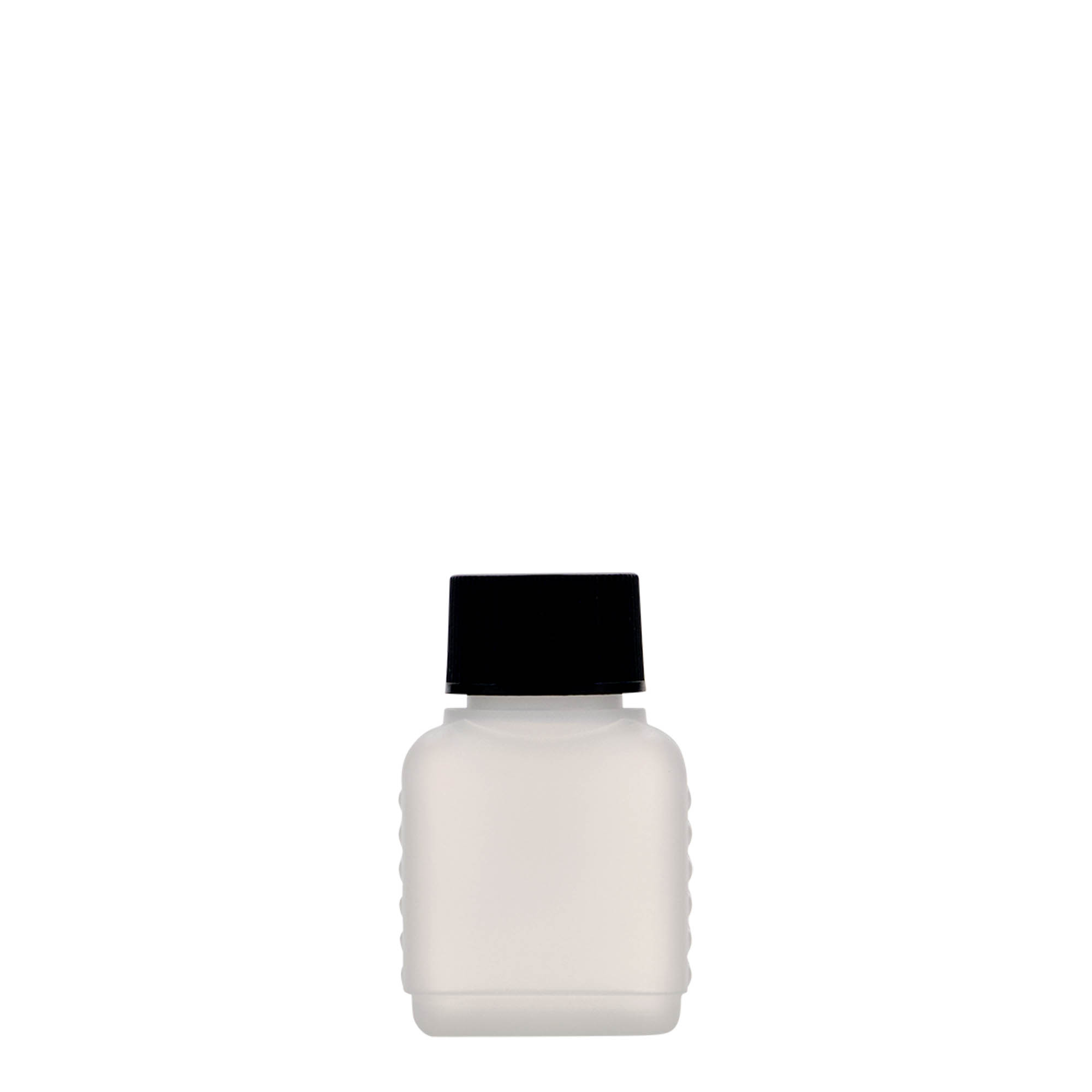 50 ml kanistripudel, ristkülikukujuline, HDPE-plast, naturaalne, avaus: DIN 25