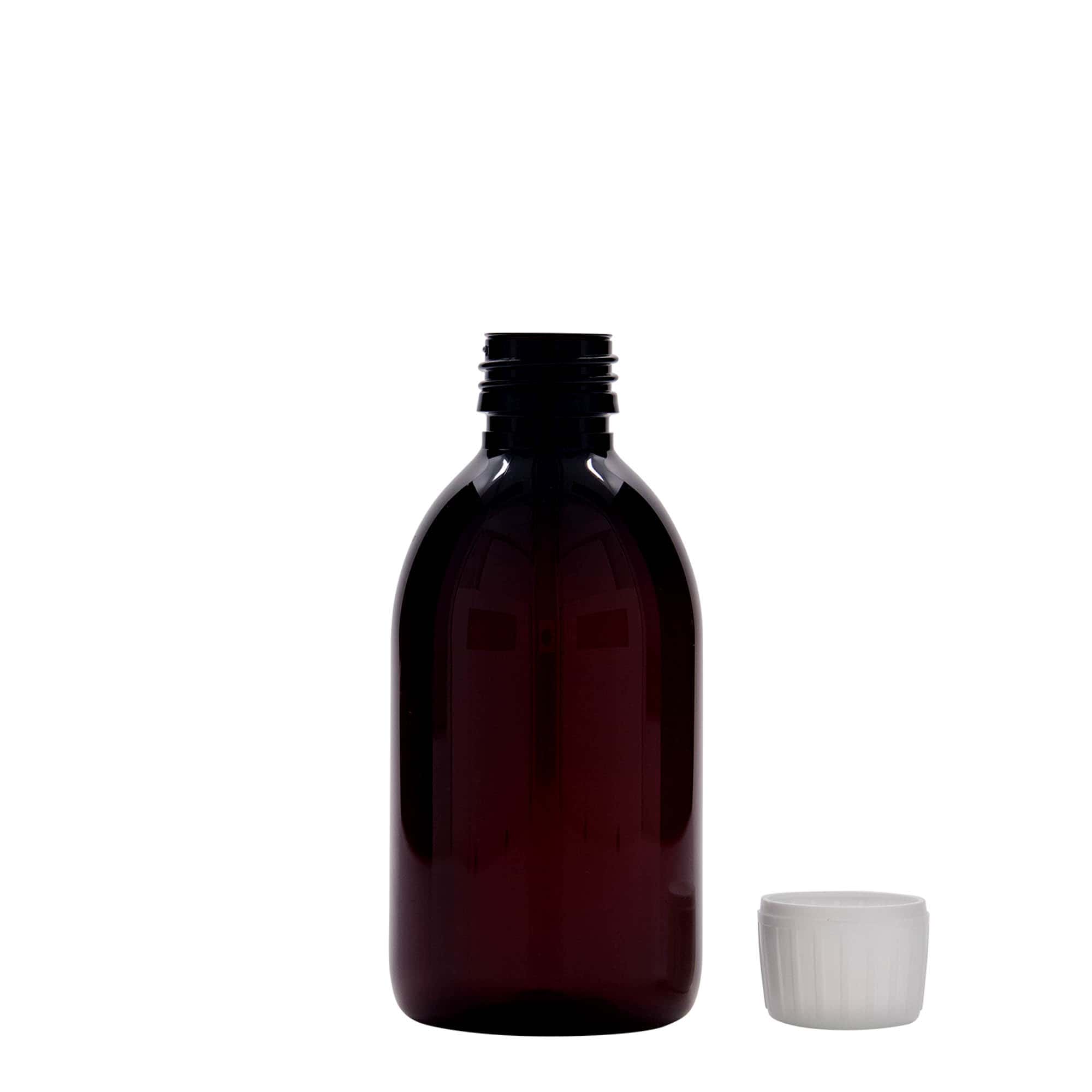 250 ml PET-meditsiinipudel, pruun, plastik, avale: PP 28
