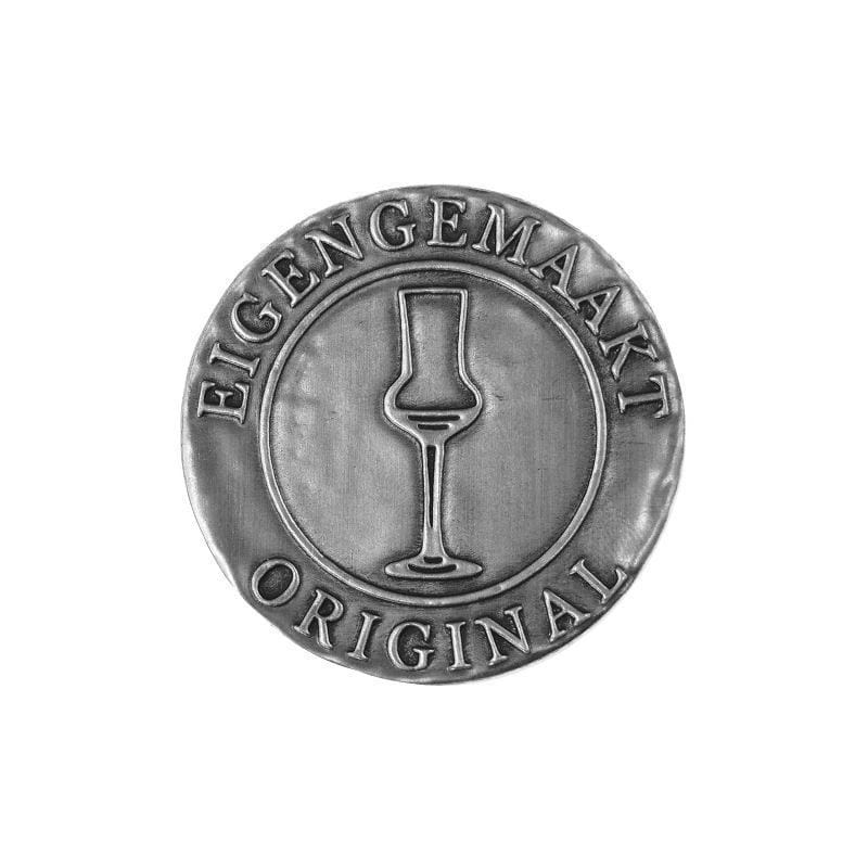 Tin silt 'Eigengemaakt', ümmargune, metall, hõbedane Tin silt 'Eigengemaakt', ümmargune, metall, hõbedane