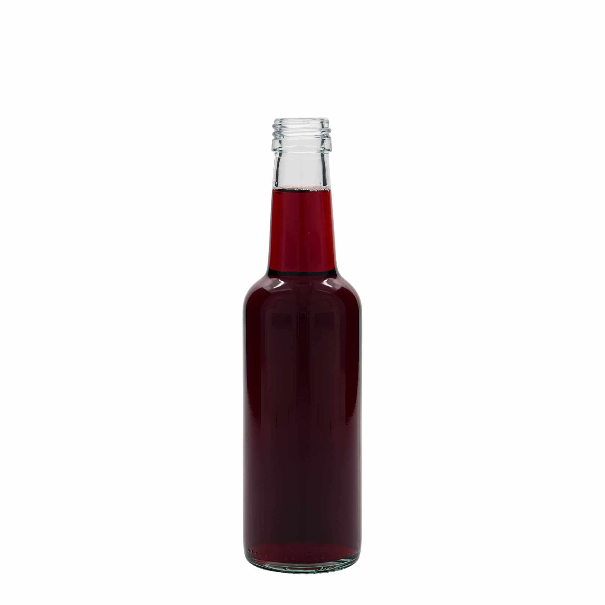 250 ml klaaspudel, sirge kaelaga, sulgur: PP 28