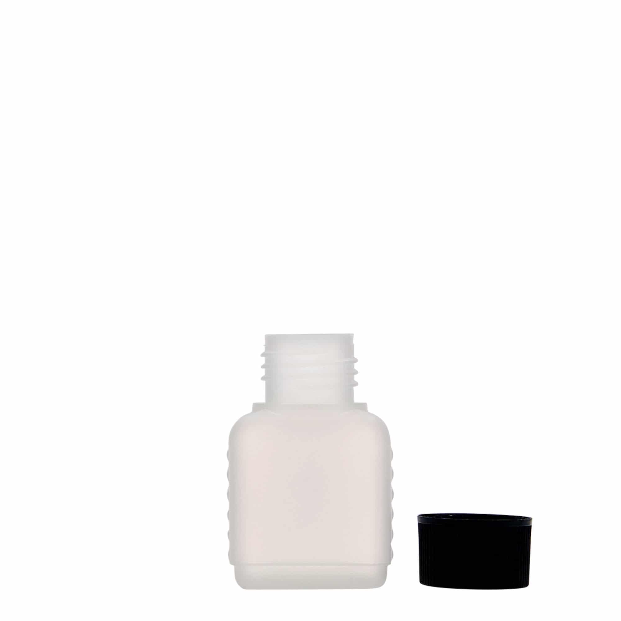 50 ml kanistripudel, ristkülikukujuline, HDPE-plast, naturaalne, avaus: DIN 25