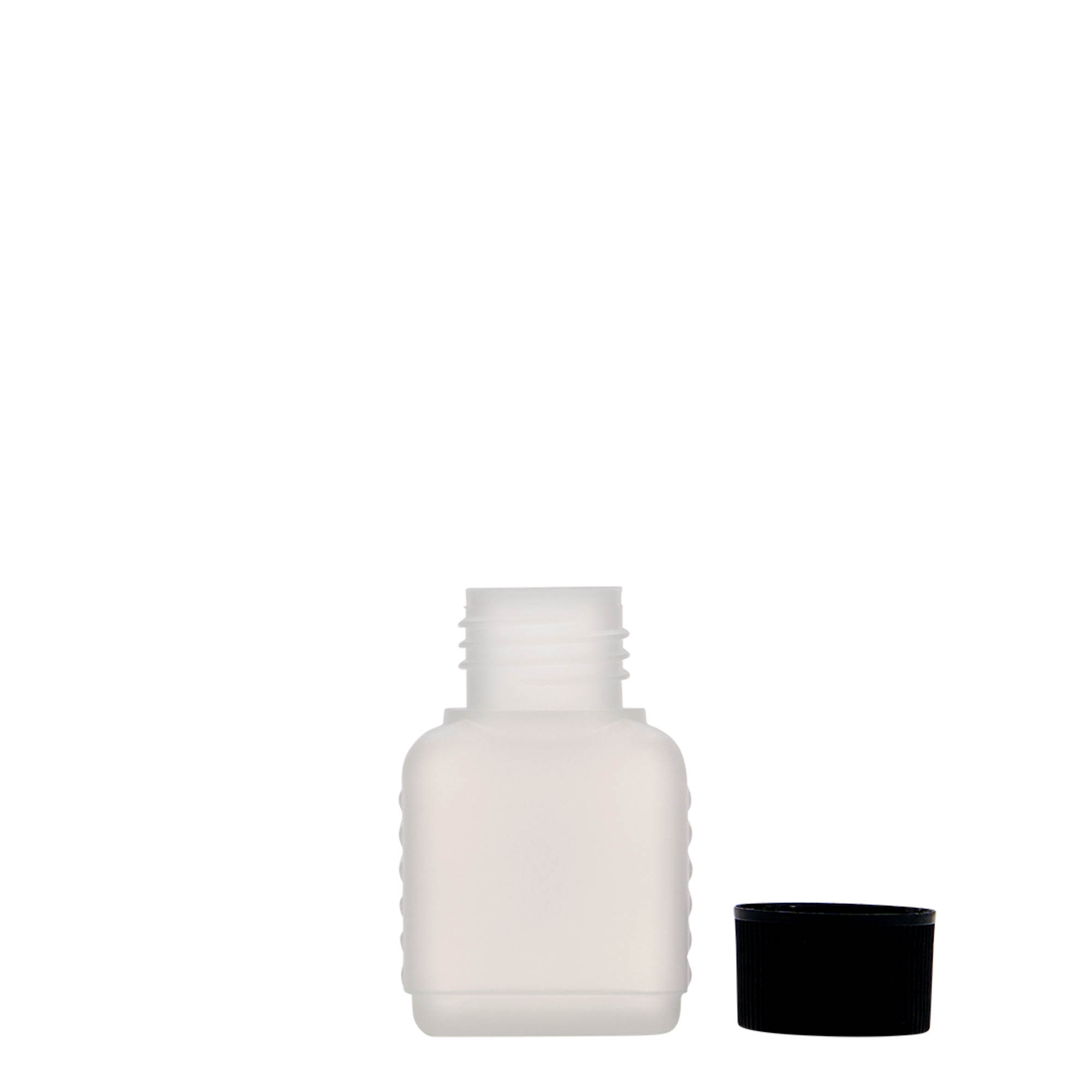 50 ml kanistripudel, ristkülikukujuline, HDPE-plast, naturaalne, avaus: DIN 25