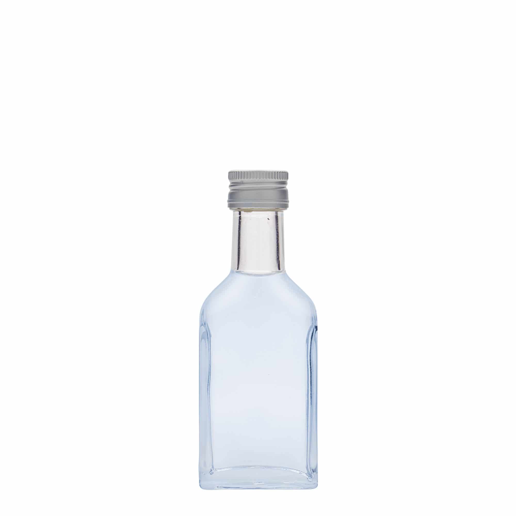 40 ml taskupudel pikk kael, ristkülikukujuline, klaas, suuava: PP 22