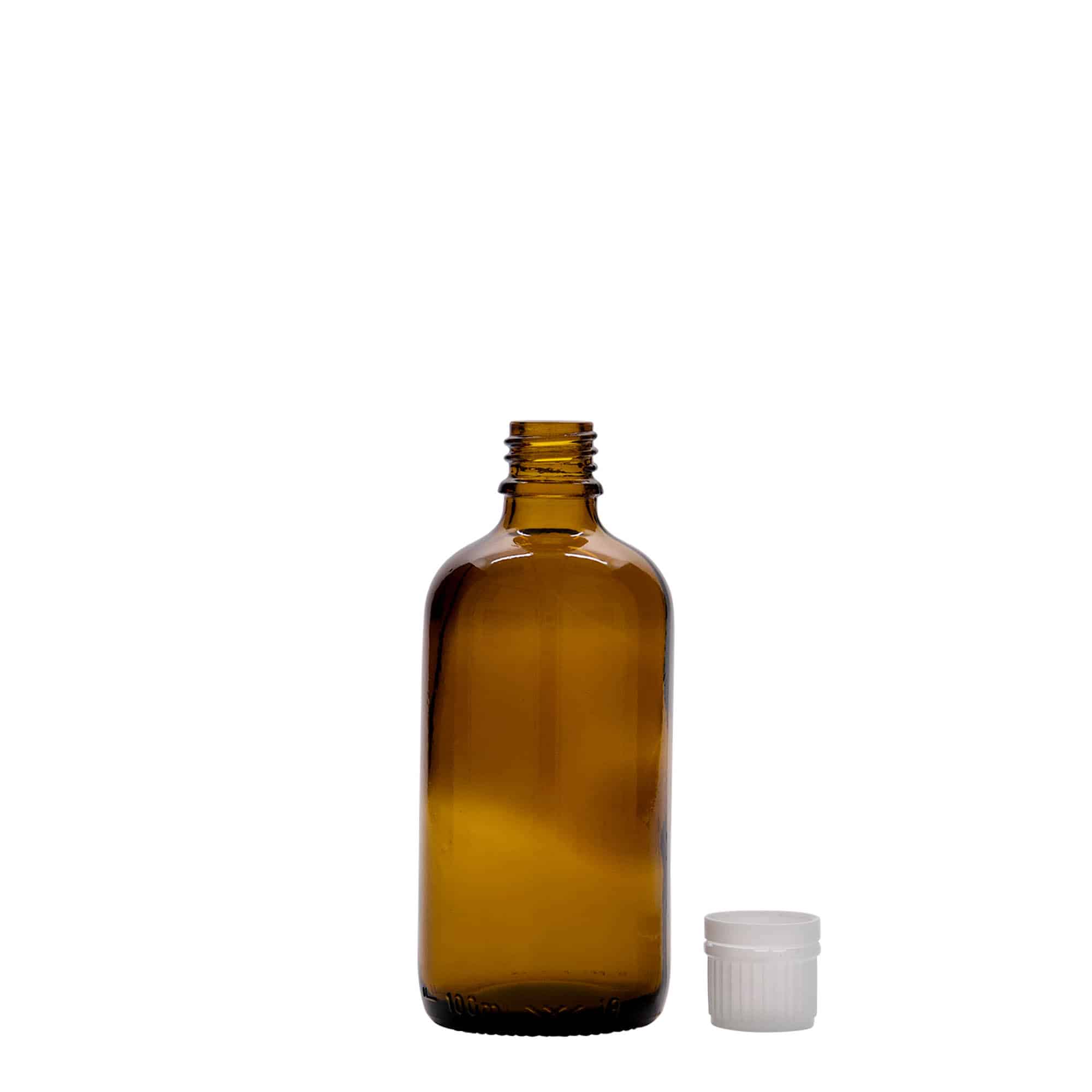 100 ml meditsiinipudel, klaas, pruun, suu: DIN 18