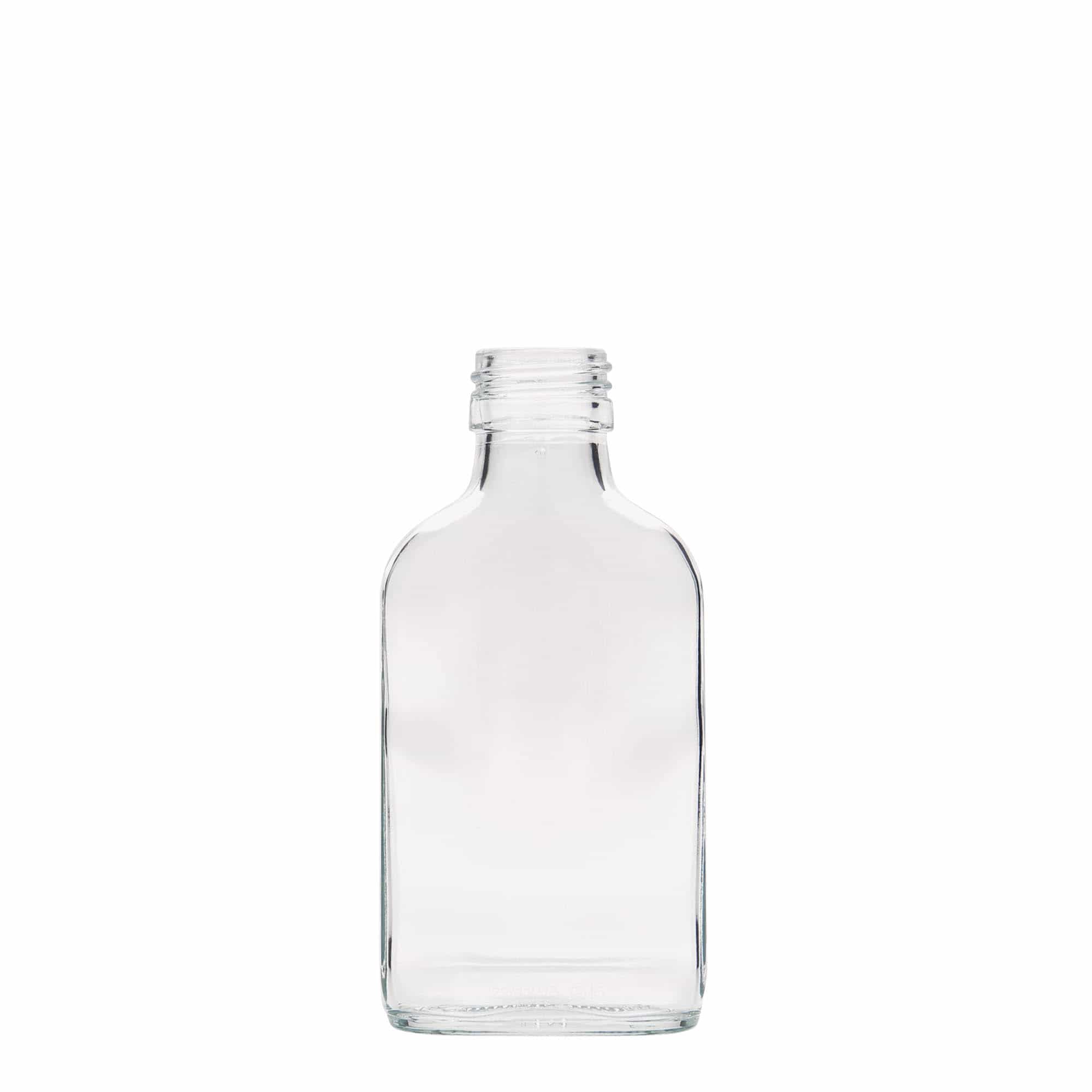 100 ml taskupudel, ristkülikukujuline, klaas, sulgur: PP 28 100 ml taskupudel, ristkülikukujuline, klaas, sulgur: PP 28