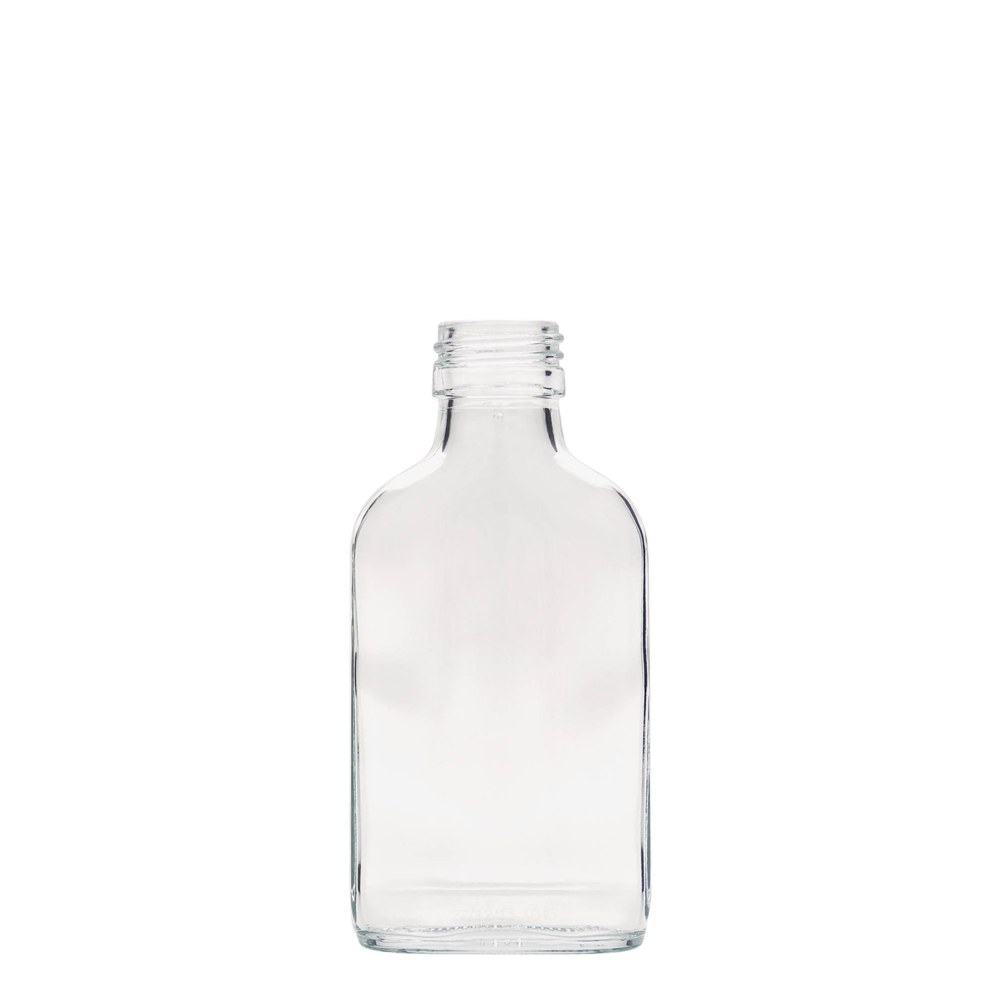 100 ml taskupudel, ristkülikukujuline, klaas, ava: PP 28 100 ml taskupudel, ristkülikukujuline, klaas, ava: PP 28