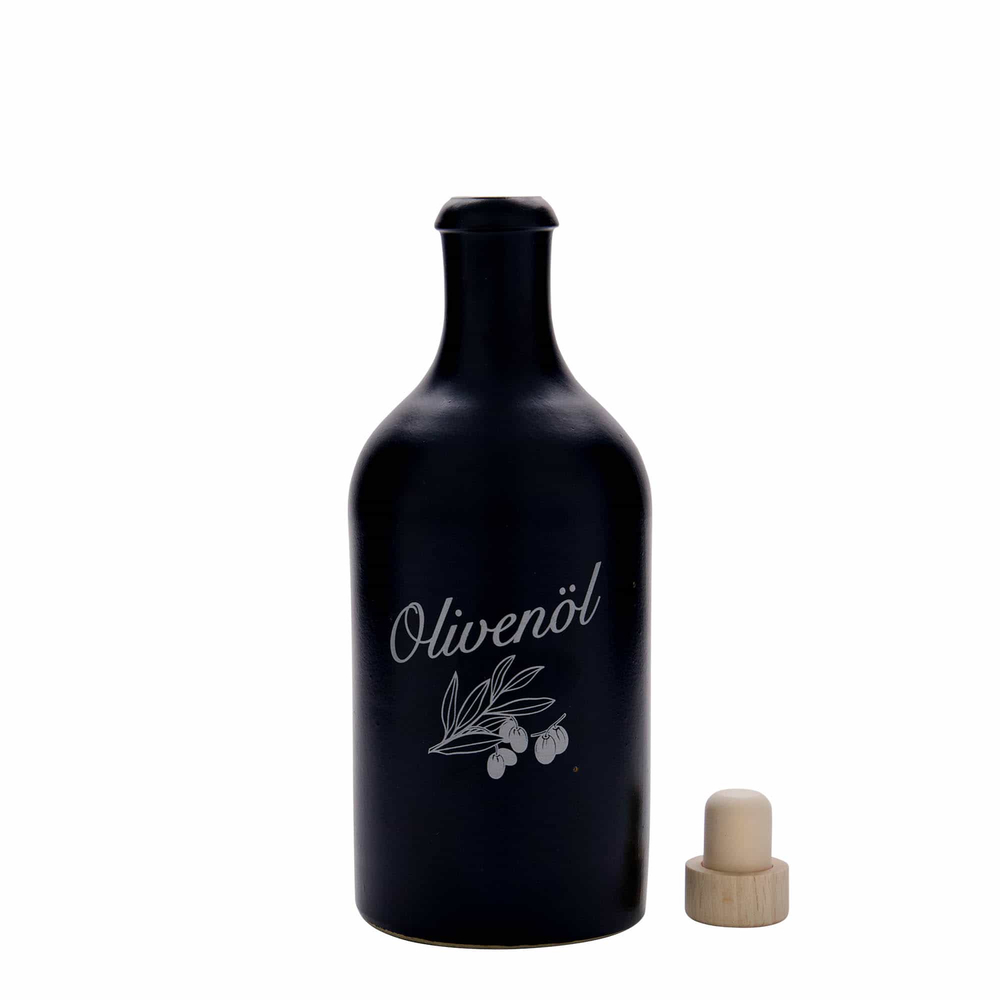500 ml keraamiline pudel, motiiv: oliiviõli, kivikeraamika, must, sulgur: kork