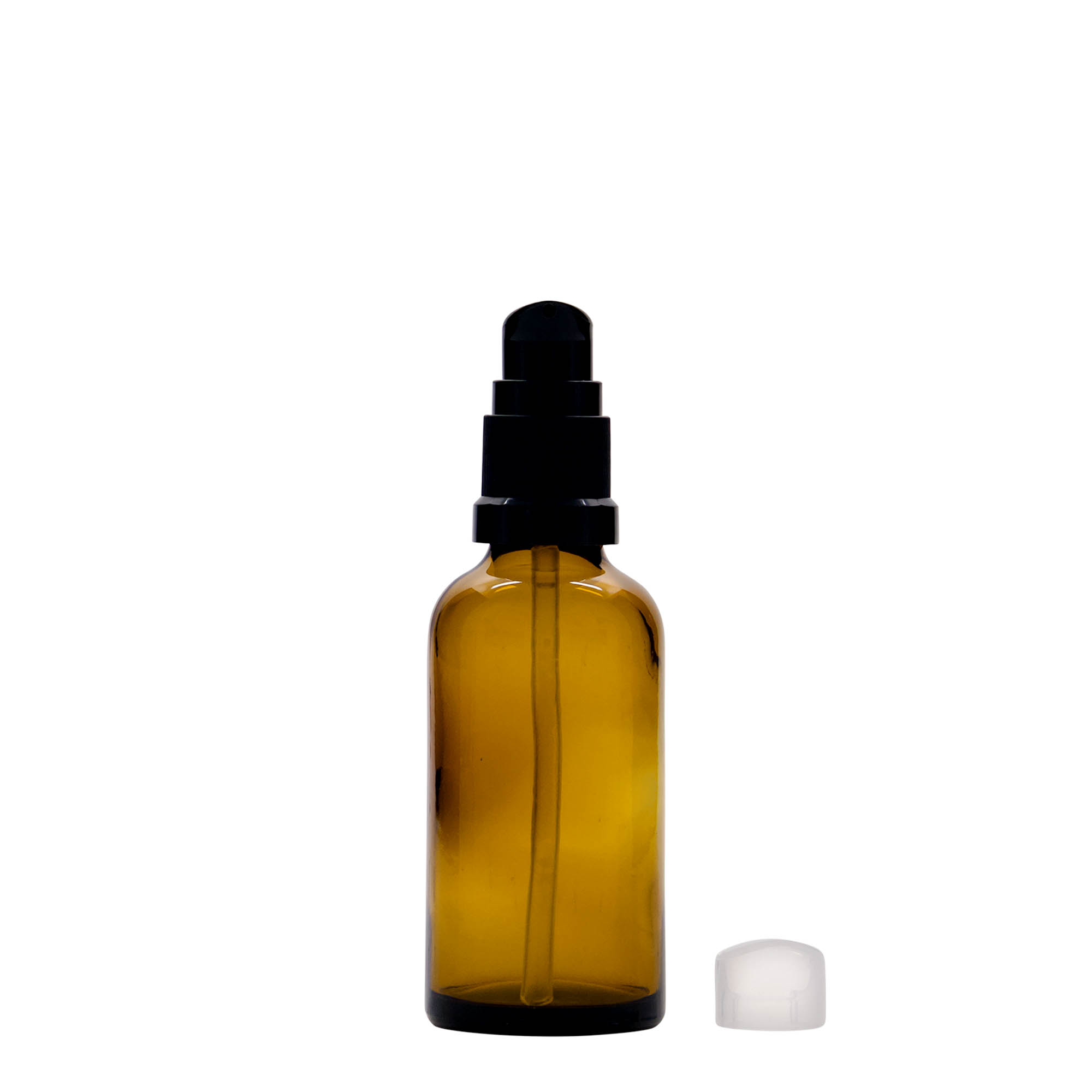 50 ml meditsiinipudel koos losjoonipumbaga, klaas, pruun, suu: DIN 18