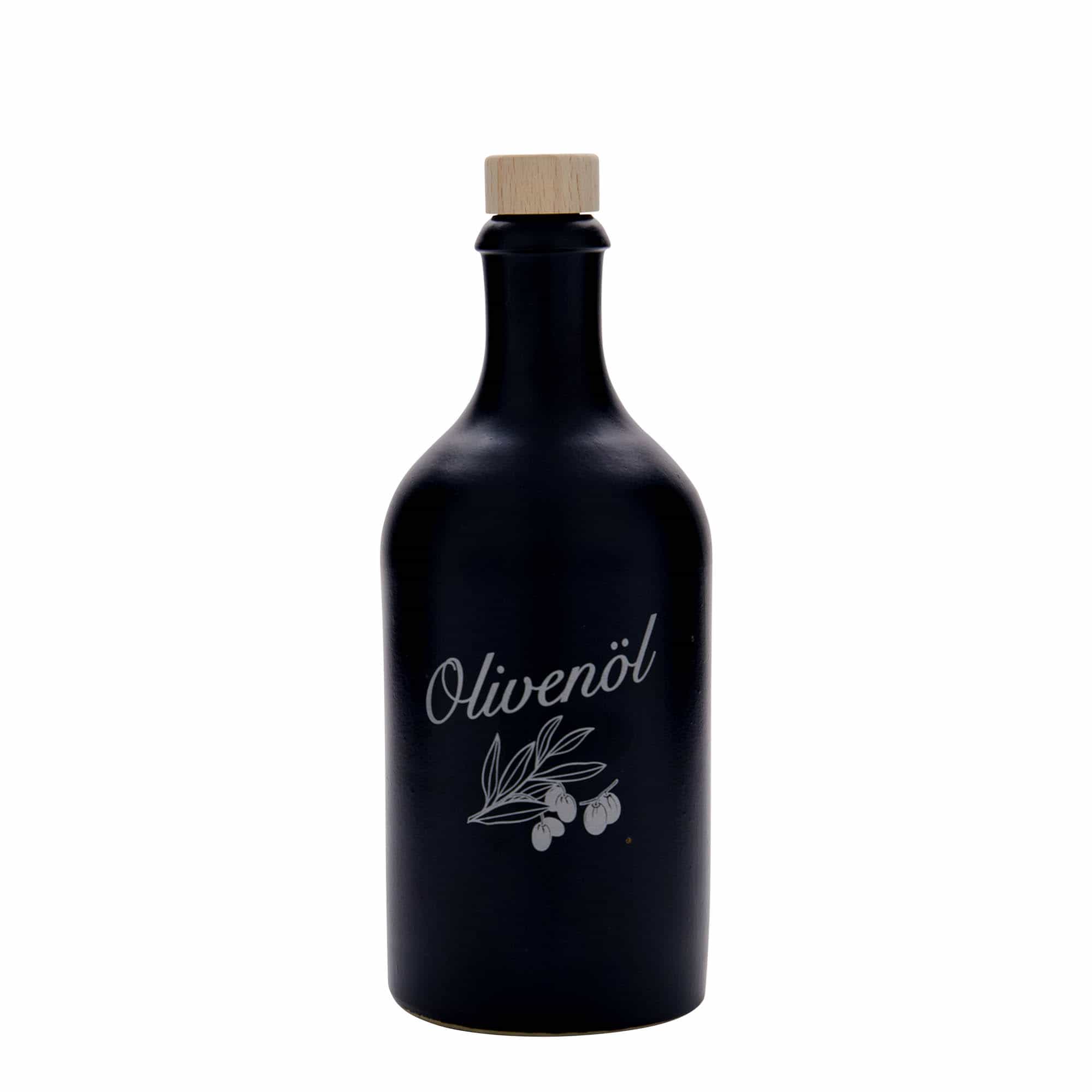 500 ml keraamiline pudel, motiiv: oliiviõli, kivikeraamika, must, sulgur: kork