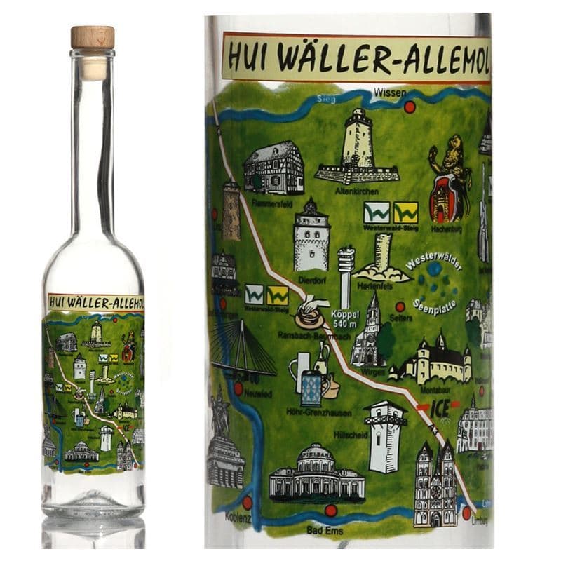 500 ml klaaspudel 'Opera', motiiv: Westerwald, sulgur: kork