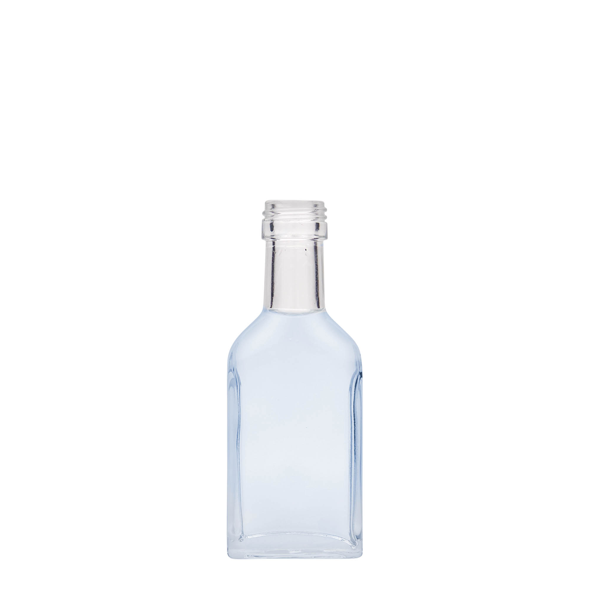40 ml taskupudel pikk kael, ristkülikukujuline, klaas, suuava: PP 22