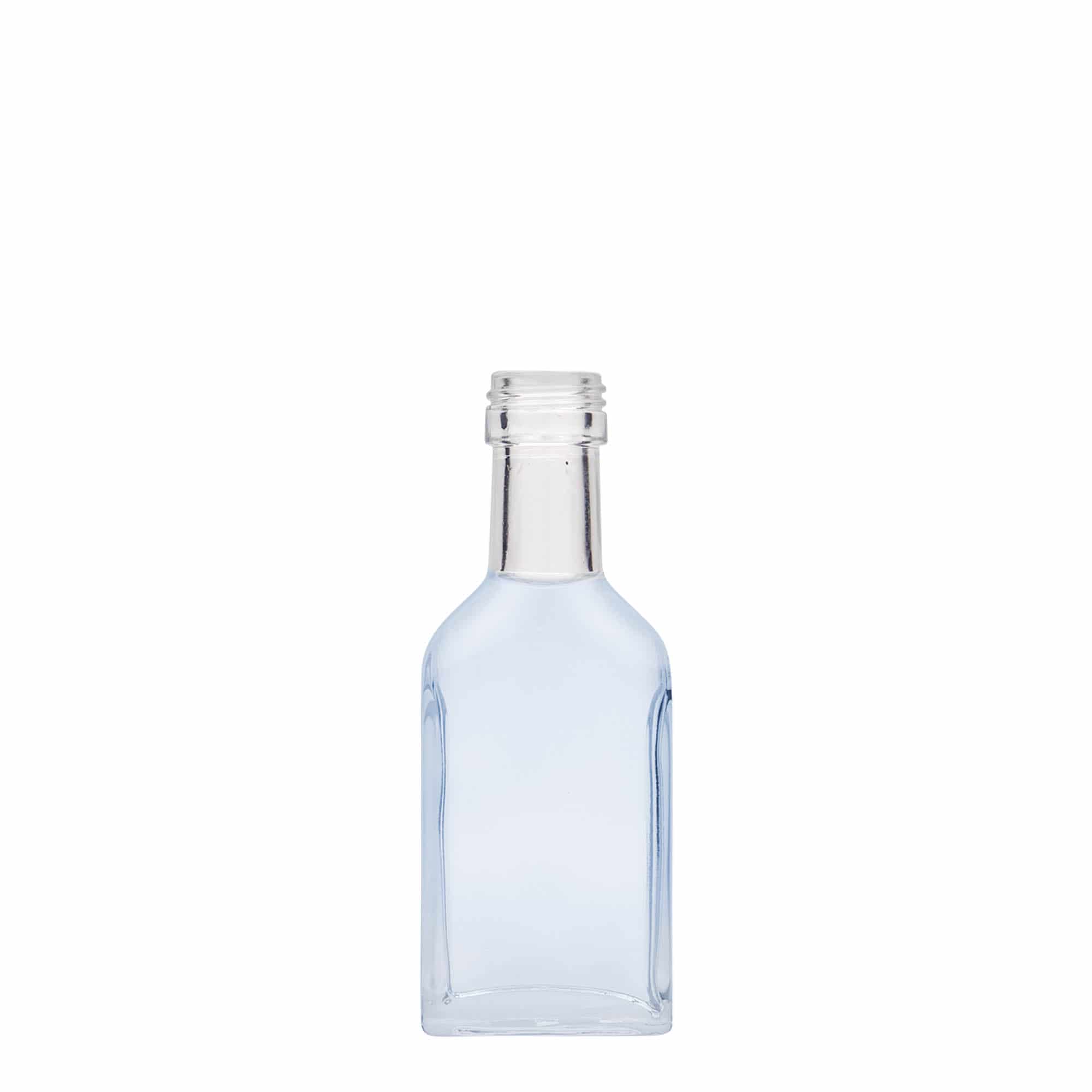 40 ml taskupudel pikk kael, ristkülikukujuline, klaas, suuava: PP 22