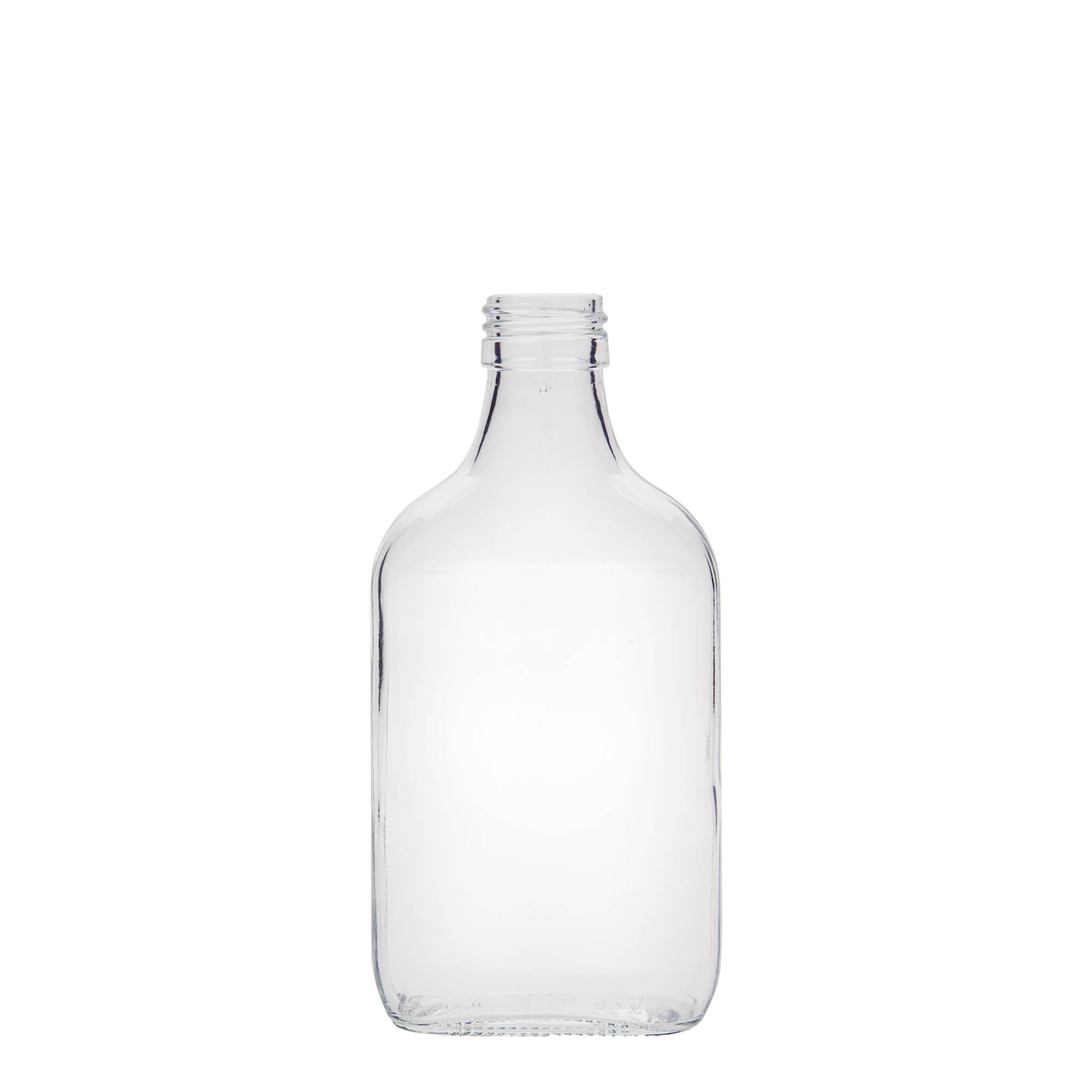 200 ml taskupudel, ristkülikukujuline, klaas, suuava: PP 28 200 ml taskupudel, ristkülikukujuline, klaas, suuava: PP 28