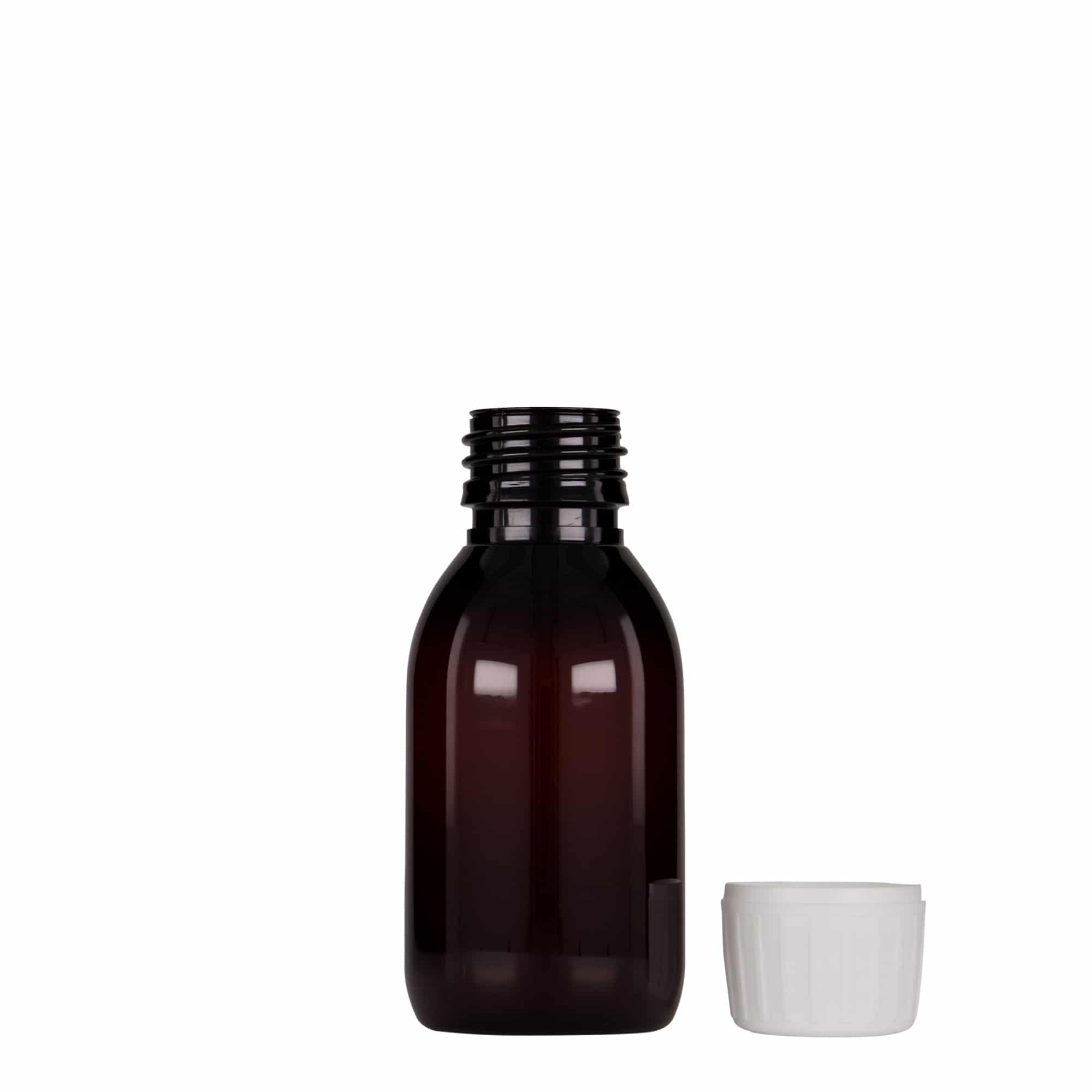 100 ml PET-meditsiinipudel, pruun, plastik, ava: PP 28