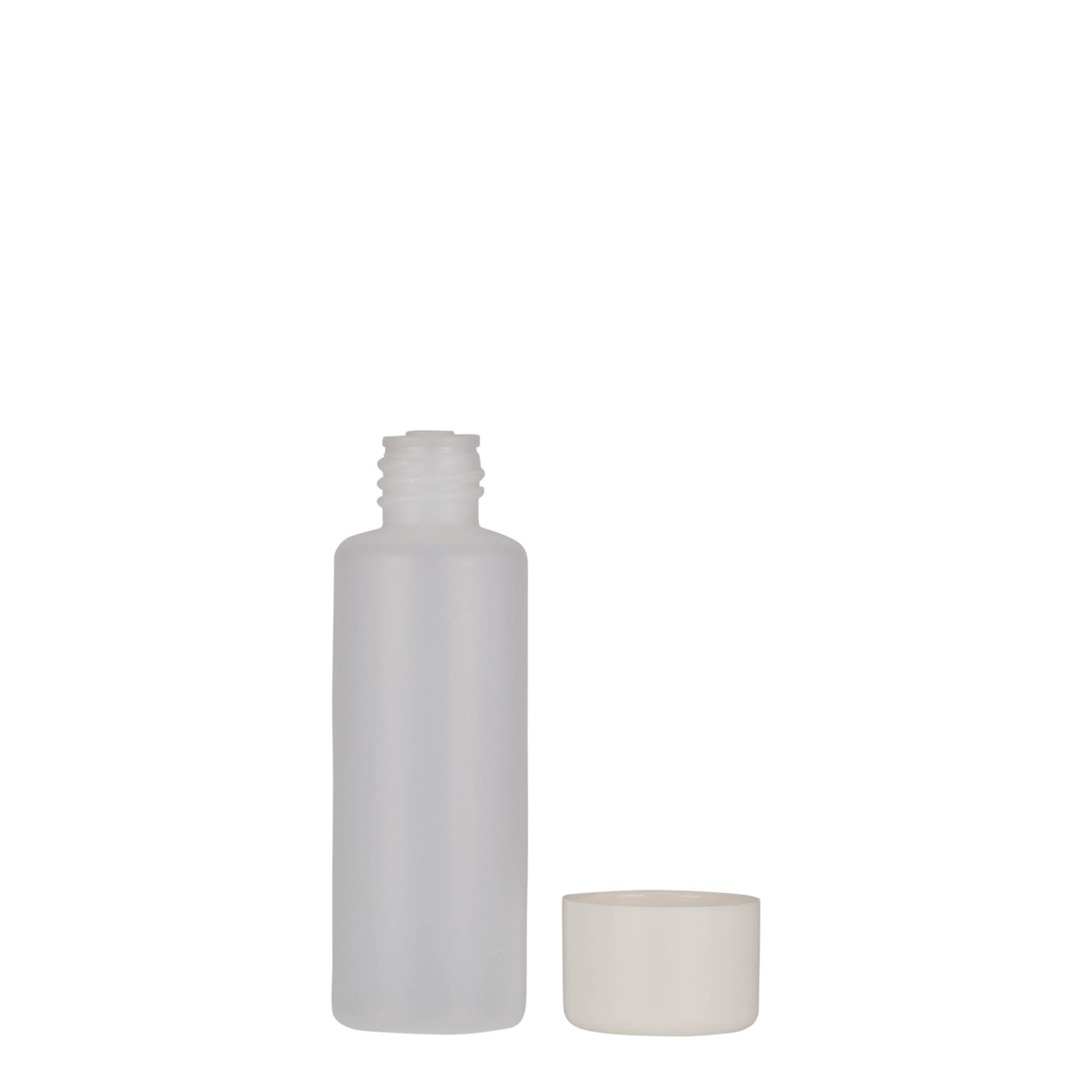 50 ml ümmargune pudel, PE-plast, naturaalne, avaus: keeratava korgiga