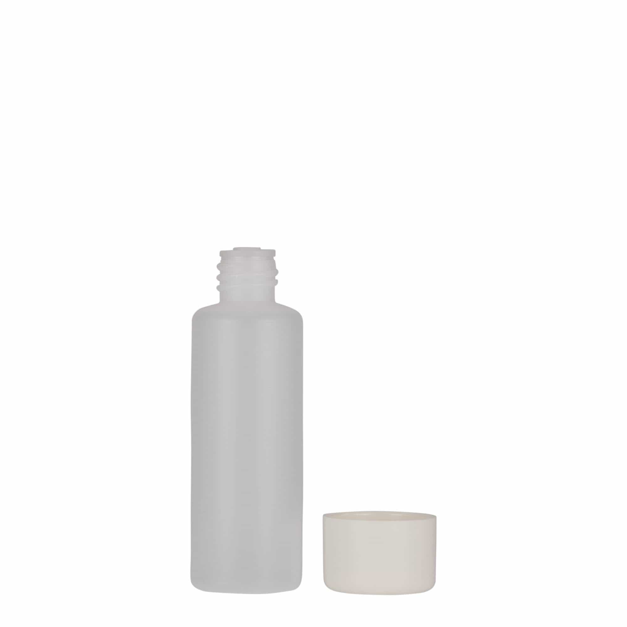50 ml ümmargune pudel, PE-plast, naturaalne, avaus: keeratava korgiga