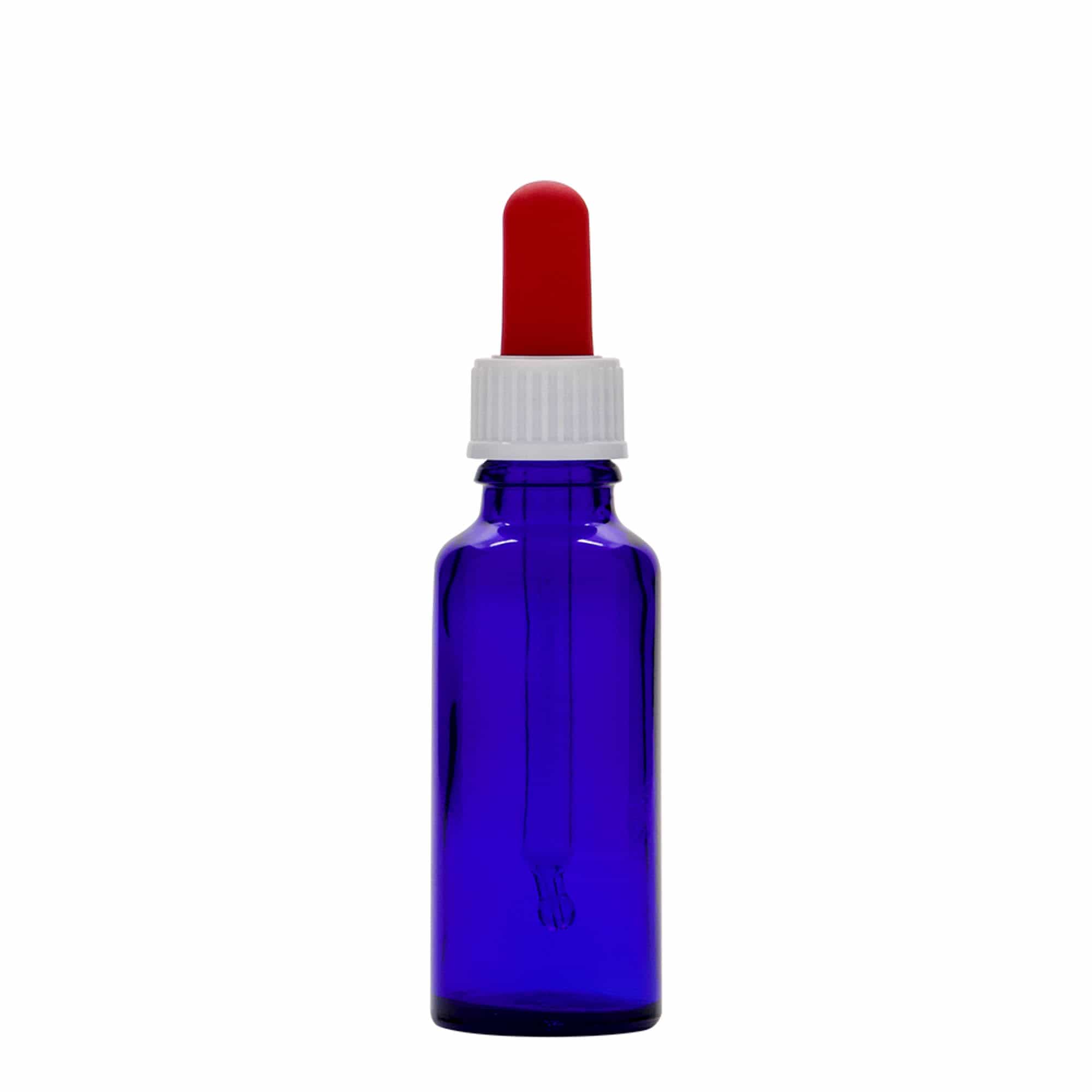 30 ml tilguti pudel meditsiiniks, klaas, kuninglik sinine-punane, avale: DIN 18