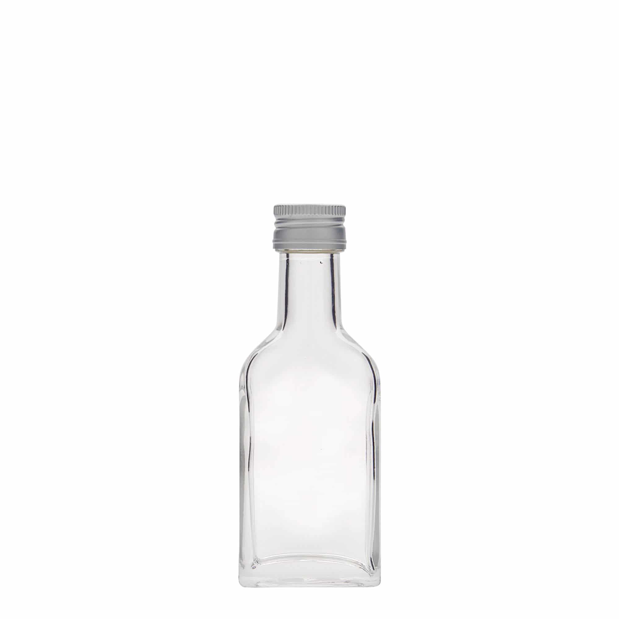 40 ml taskupudel pikk kael, ristkülikukujuline, klaas, suuava: PP 22