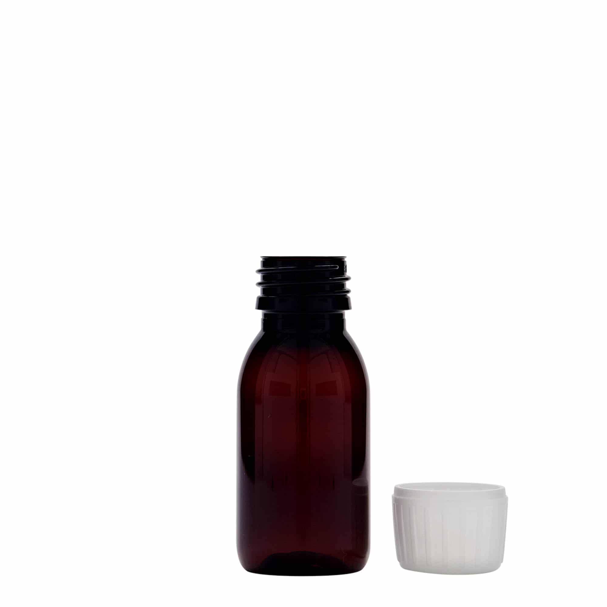 60 ml PET-meditsiinipudel, pruun, plastik, suuava: PP 28