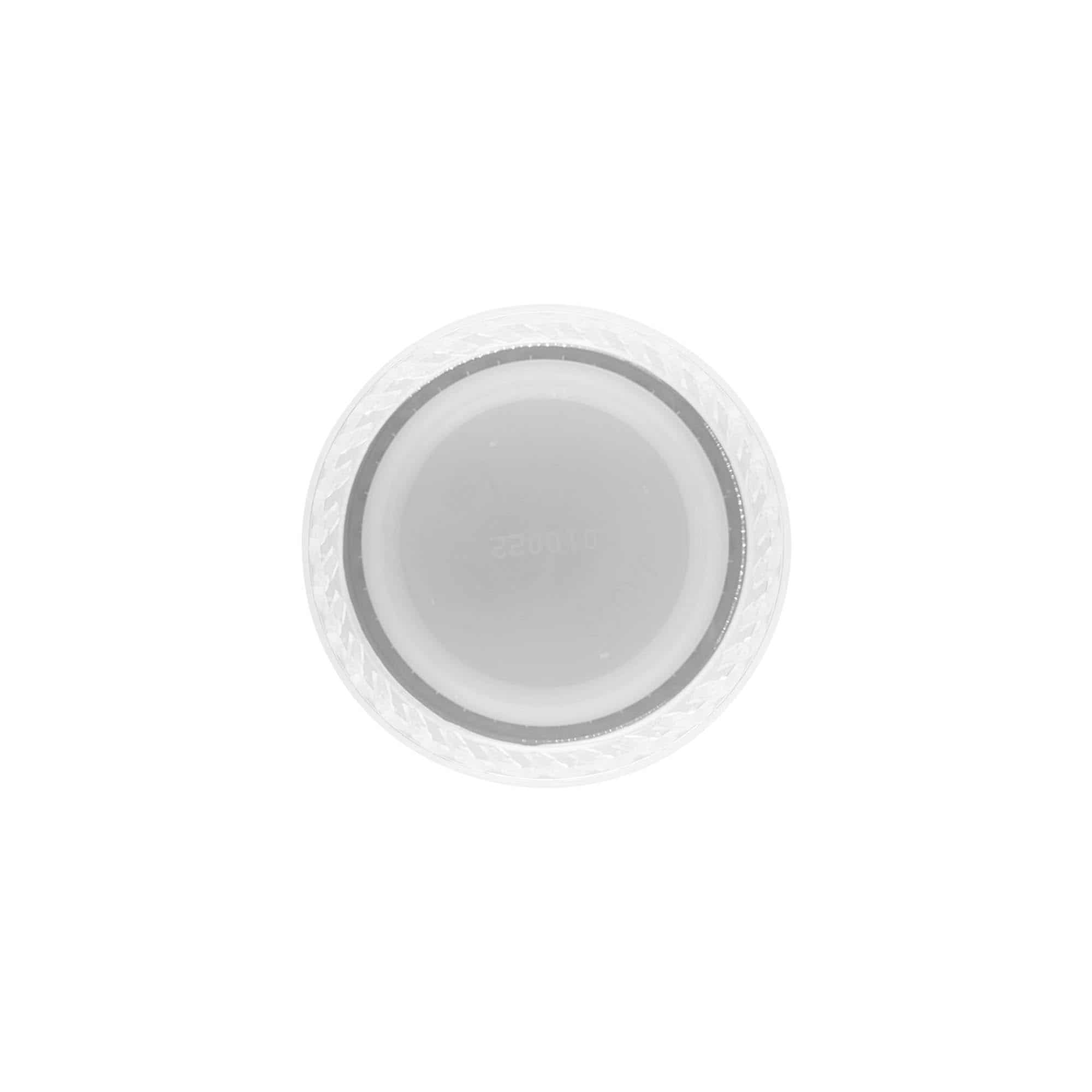 Keeratav kork kahe algusega keermega, PE-plast, valge, sulguri tüüp: PET 38 mm