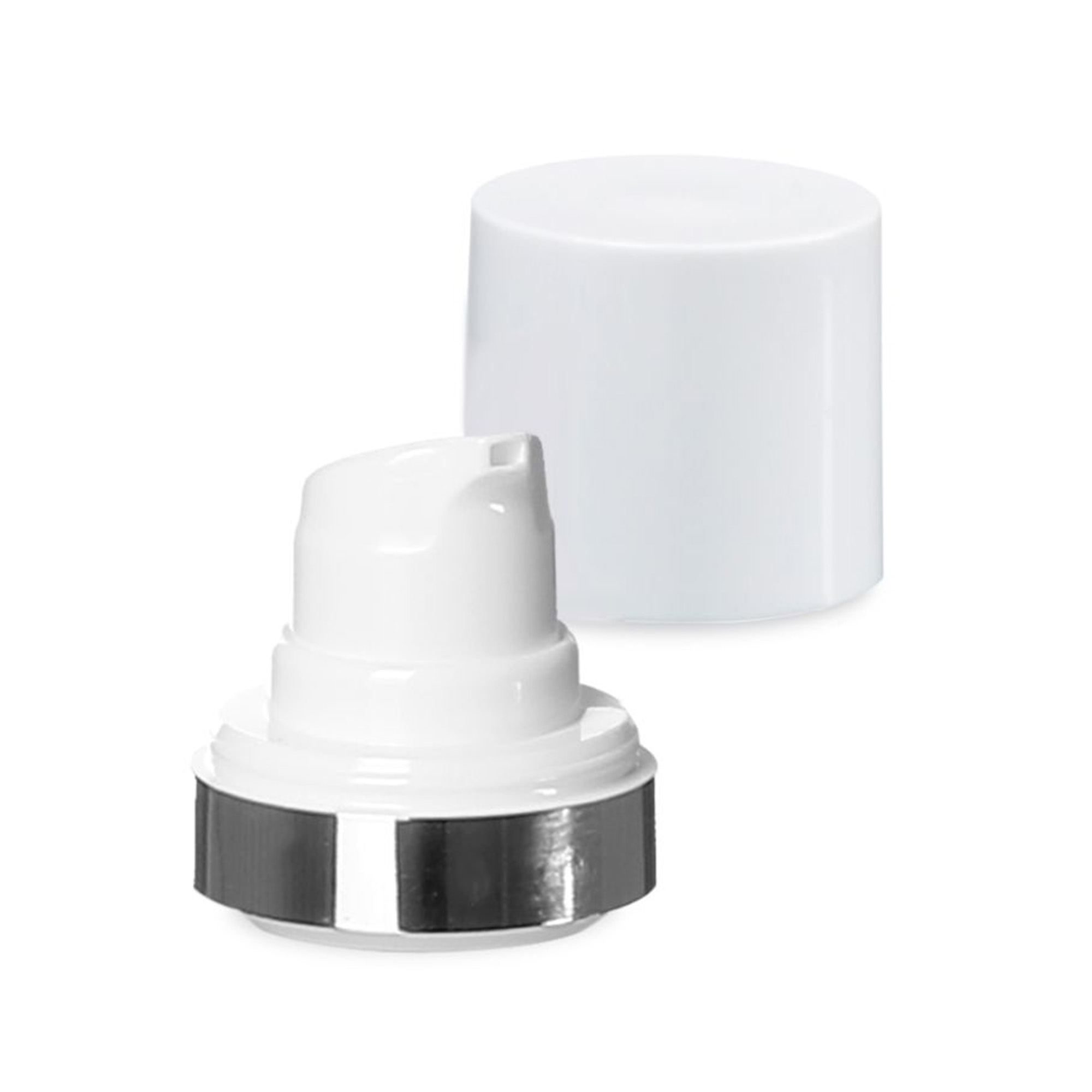 Airless pea Micro hõbedane ääris + valge, läikiv pistikukork Airless pea Micro hõbedane ääris + valge, läikiv pistikukork