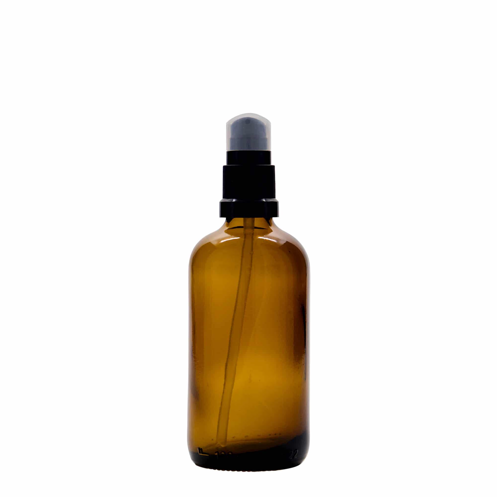 100 ml rohupudel vedelikupumbaga, klaas, pruun, sulgur: DIN 18 100 ml rohupudel vedelikupumbaga, klaas, pruun, sulgur: DIN 18
