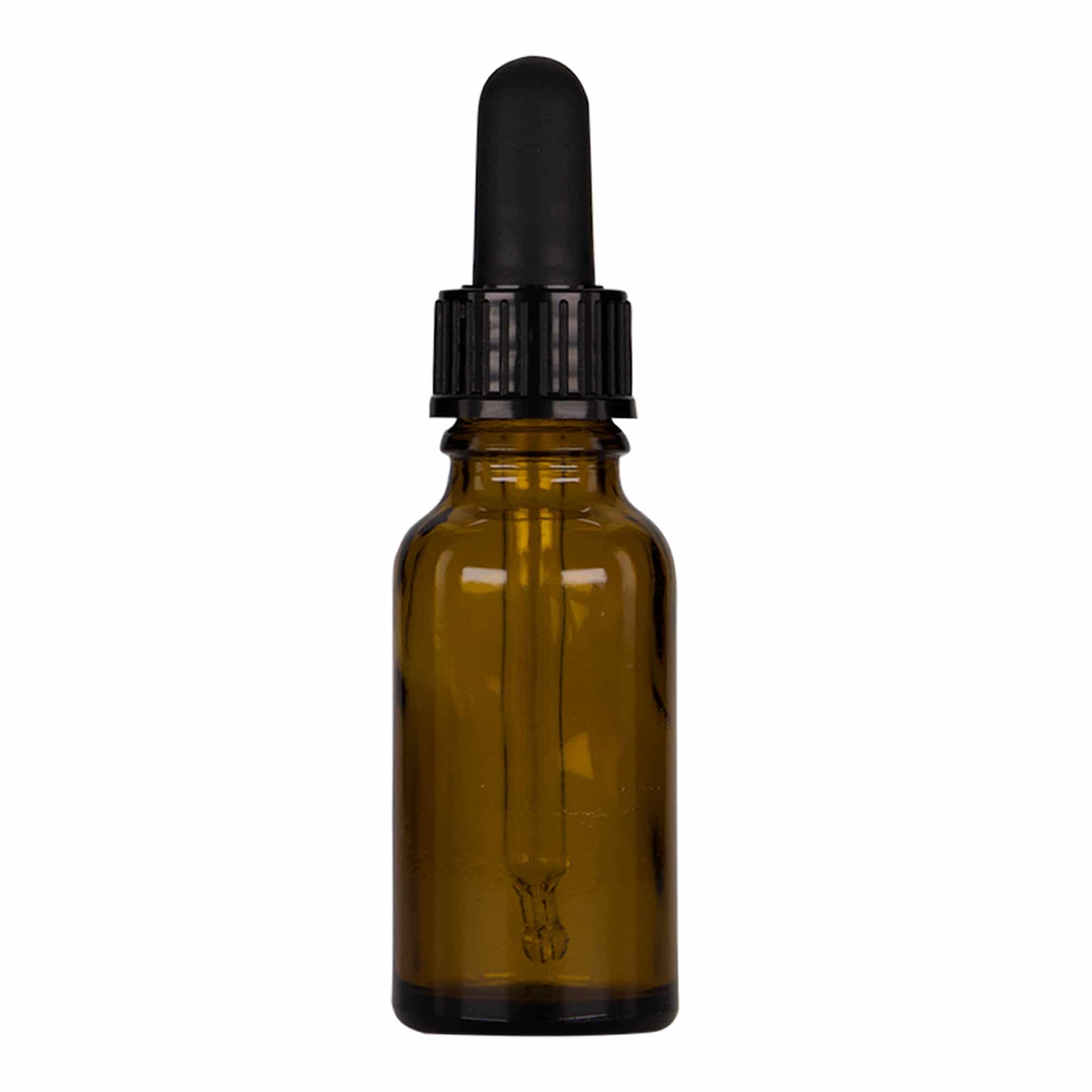 20 ml ravimi pipettpudel, klaas, pruun-must, sulgur: DIN 18 20 ml ravimi pipettpudel, klaas, pruun-must, sulgur: DIN 18