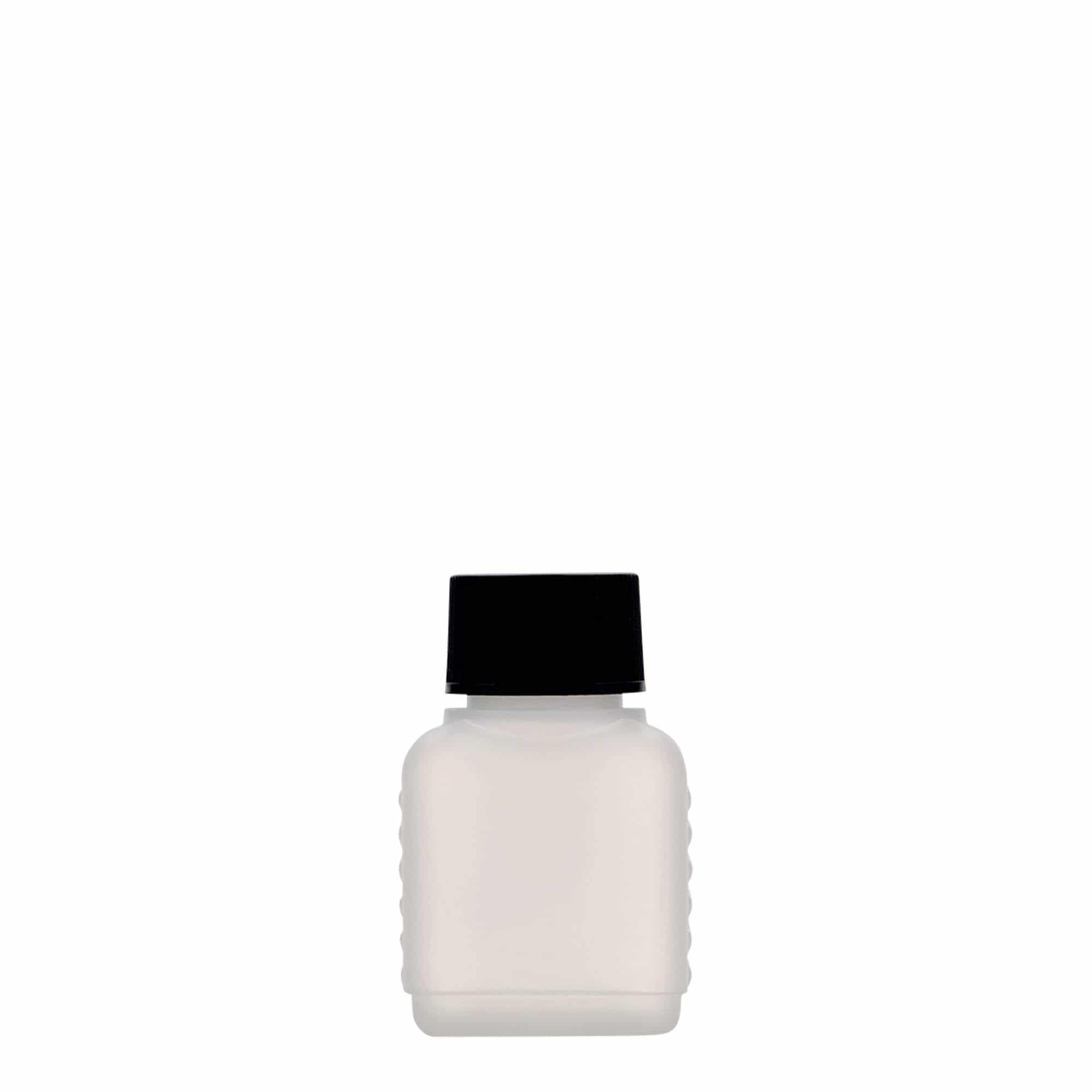 50 ml kanisterpudel, ristkülikukujuline, HDPE-plast, loomulik värv, sulgur: DIN 25