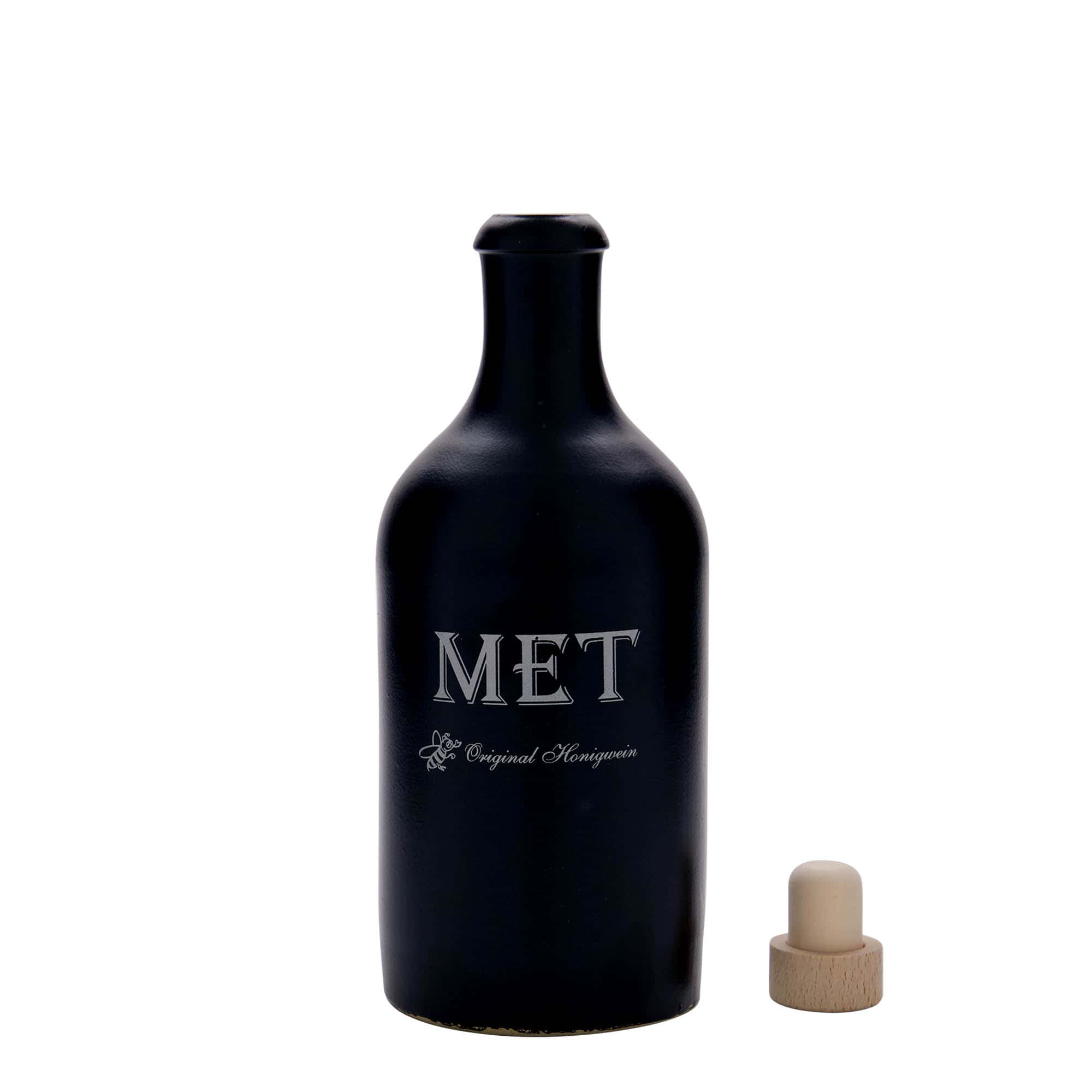 500 ml keraamiline pudel, motiiv: mõdu, kivikeraamika, must, sulgur: kork