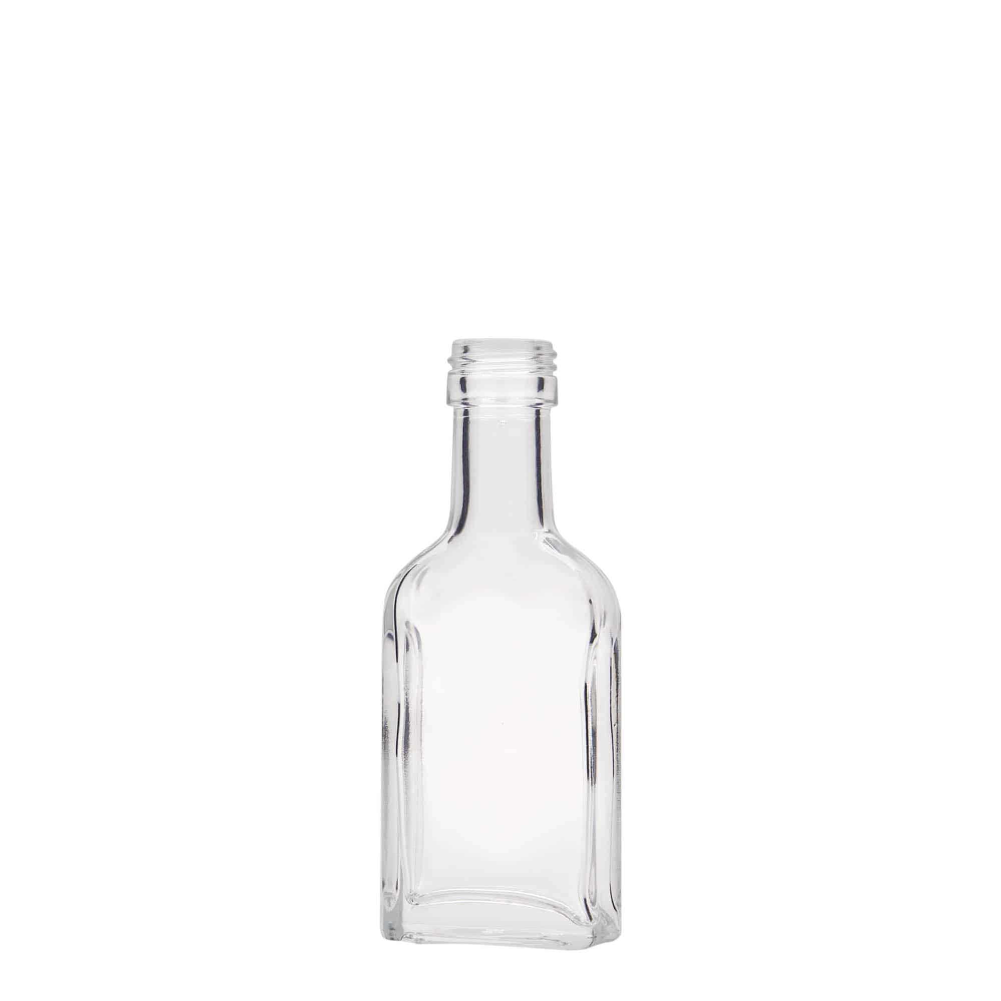 40 ml pika kaelaga taskupudel, ristkülikukujuline, klaas, sulgur: PP 22