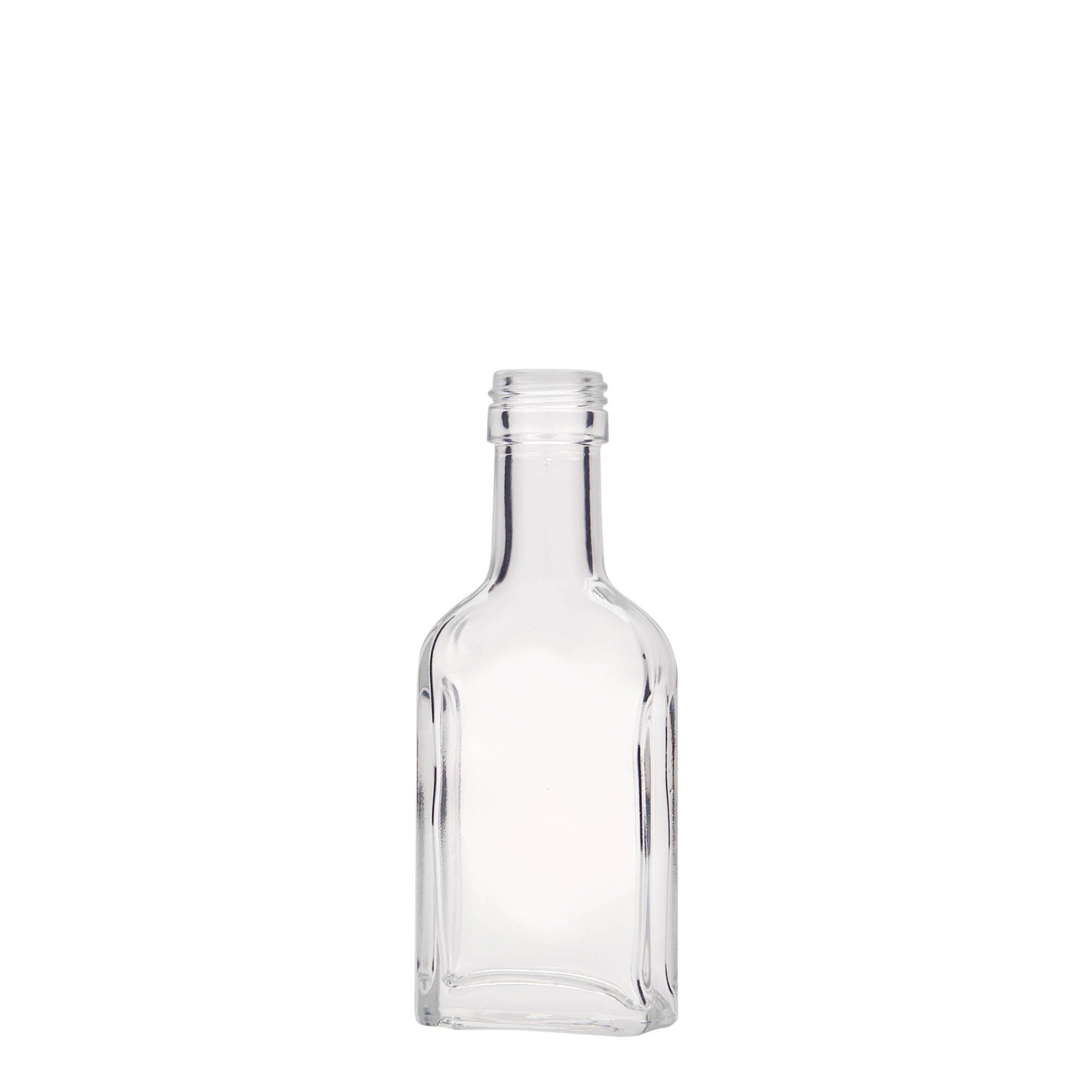 40 ml taskupudel pikk kael, ristkülikukujuline, klaas, suuava: PP 22