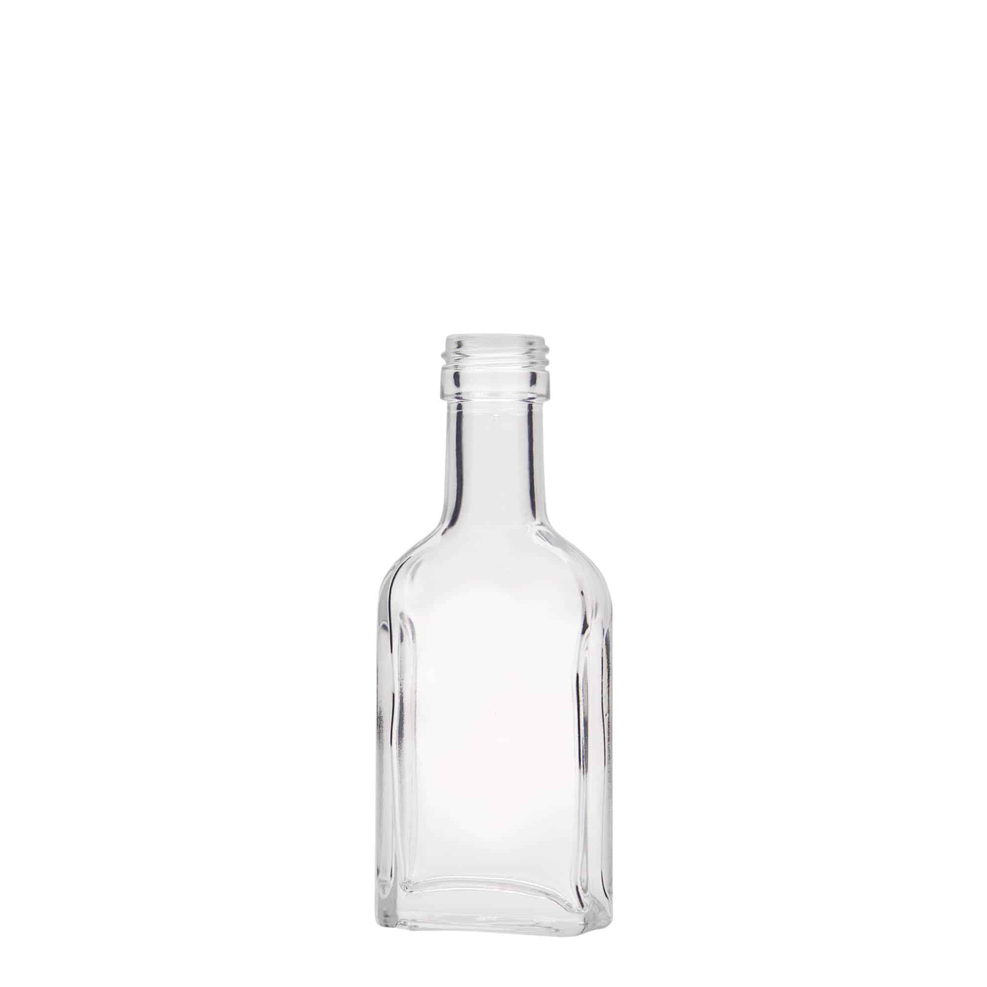 40 ml taskupudel pikk kael, ristkülikukujuline, klaas, suuava: PP 22