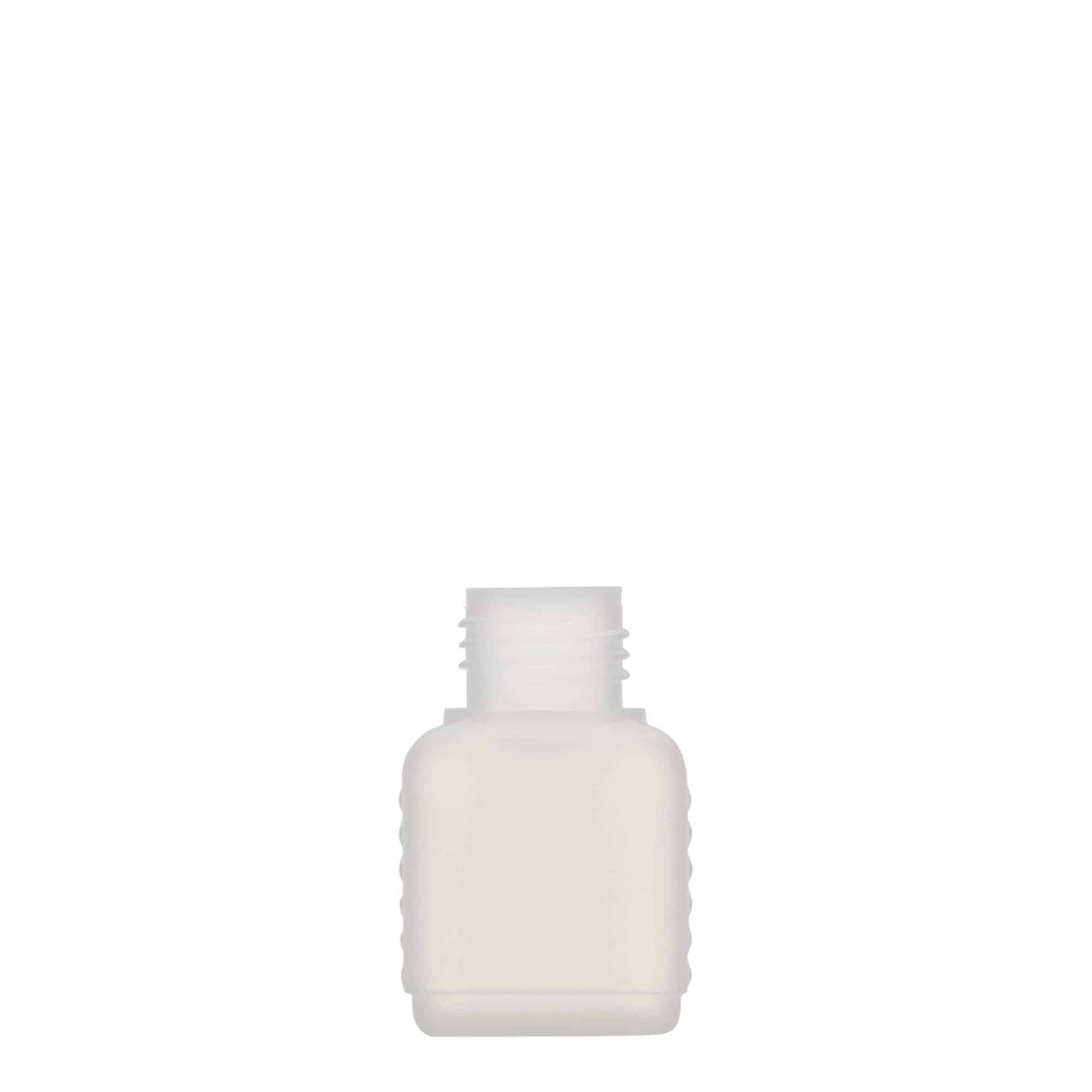 50 ml kanisterpudel, ristkülikukujuline, HDPE-plast, loomulik värv, sulgur: DIN 25 50 ml kanisterpudel, ristkülikukujuline, HDPE-plast, loomulik värv, sulgur: DIN 25