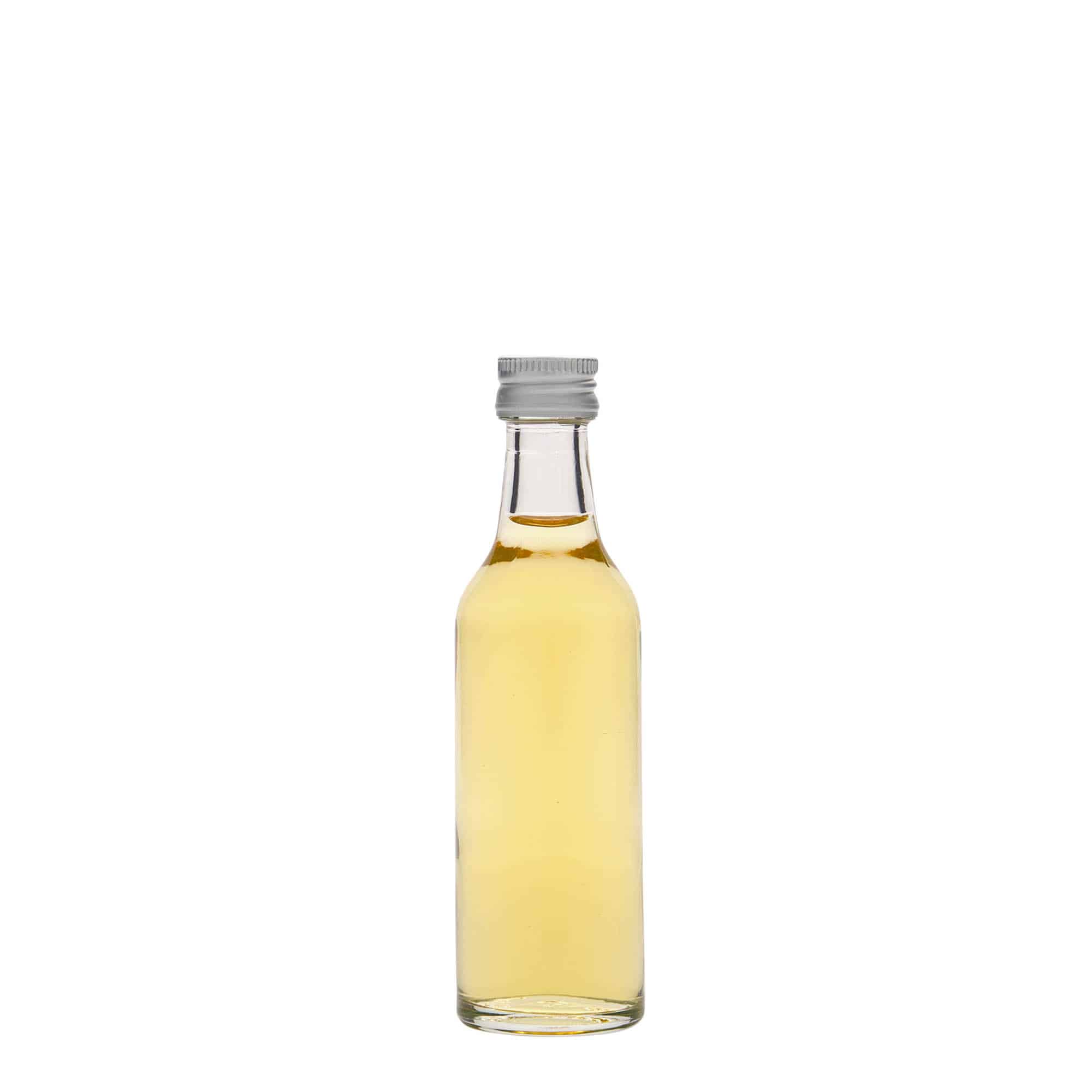 50 ml klaaspudel, sirge kaelaga, sulgur: PP 28