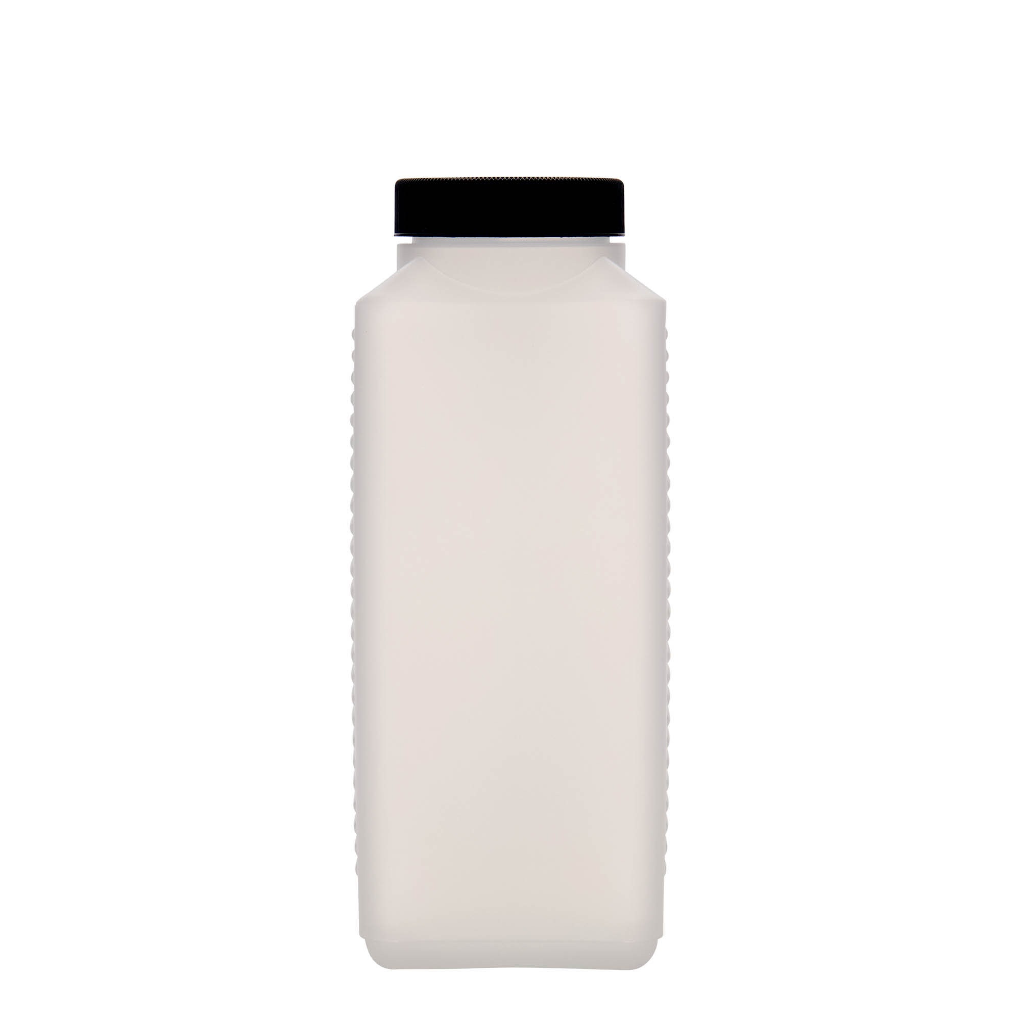 1.000 ml laiakaelne pudel, ristkülikukujuline, HDPE-plast, naturaalne, avaus: DIN 60 EPE