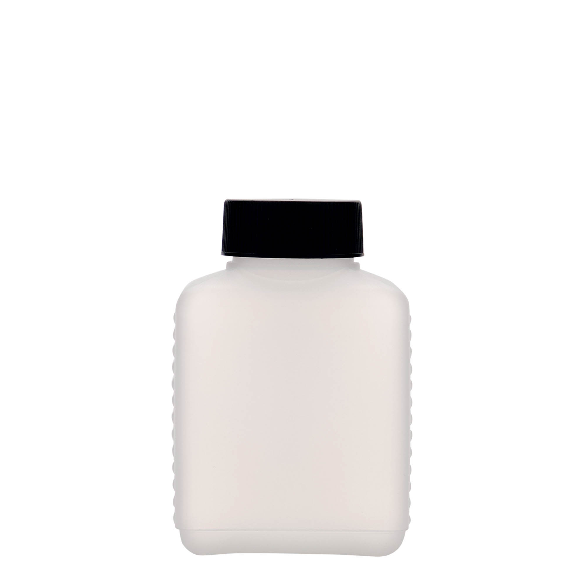 250 ml lai kaelaga pudel, ristkülikukujuline, HDPE-plastik, naturaalne, ava: DIN 40 EPE