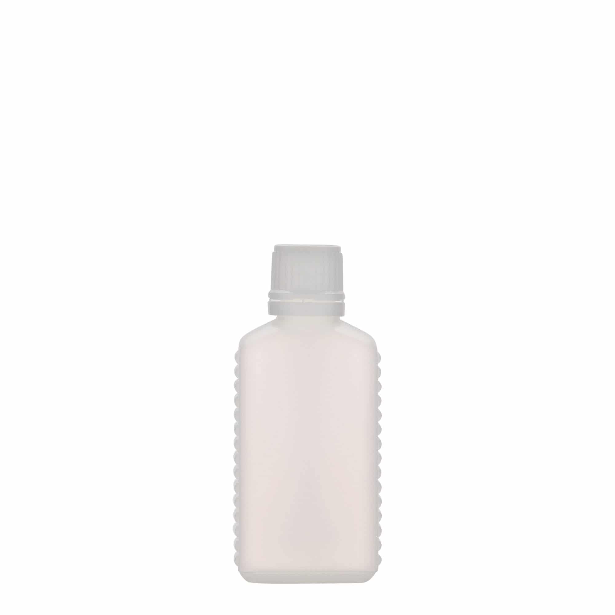 50 ml kitsa kaelaga kanisterpudel, ristkülikukujuline, HDPE-plast, loomulik värv, sulgur: DIN 18