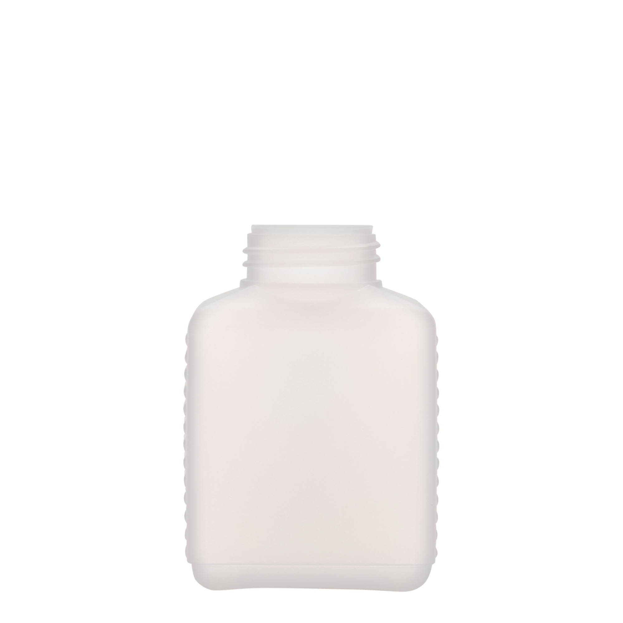 250 ml lai kaelaga pudel, ristkülikukujuline, HDPE-plastik, naturaalne, ava: DIN 40 EPE