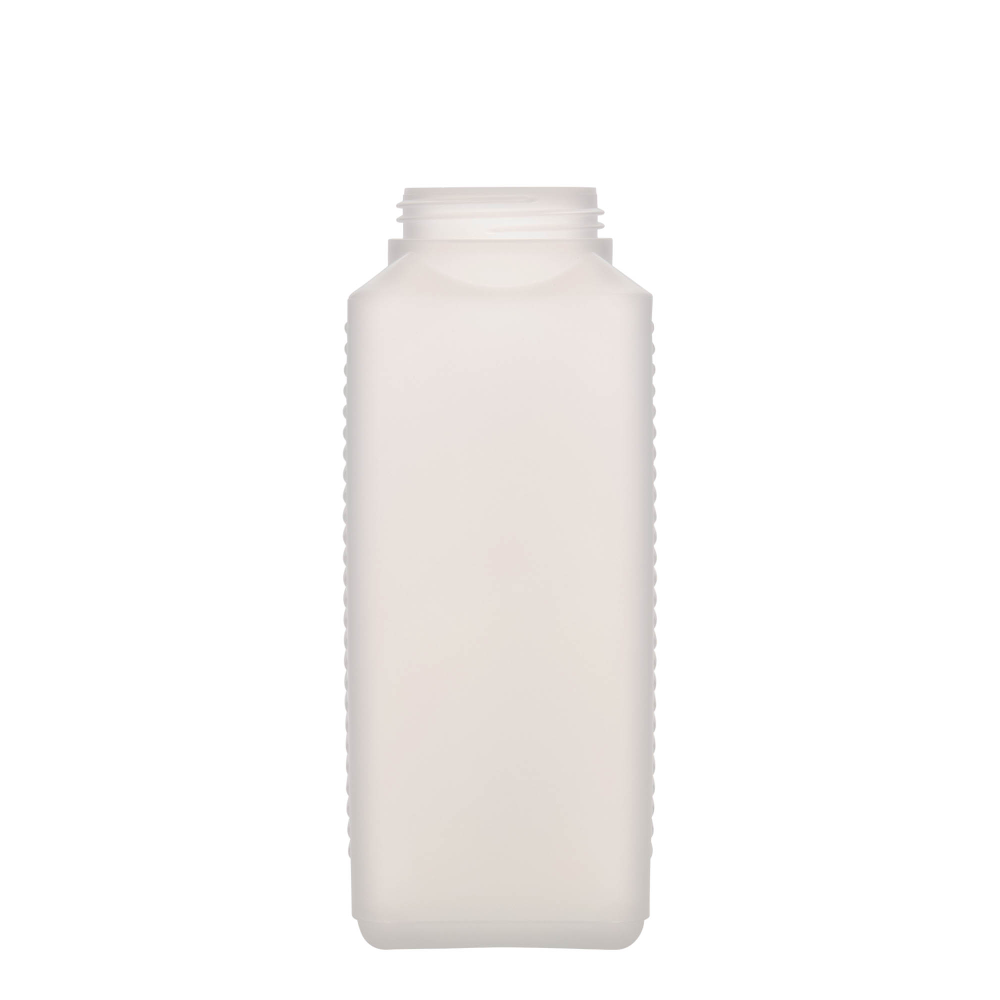 1.000 ml laiakaelne pudel, ristkülikukujuline, HDPE-plast, naturaalne, avaus: DIN 60 EPE