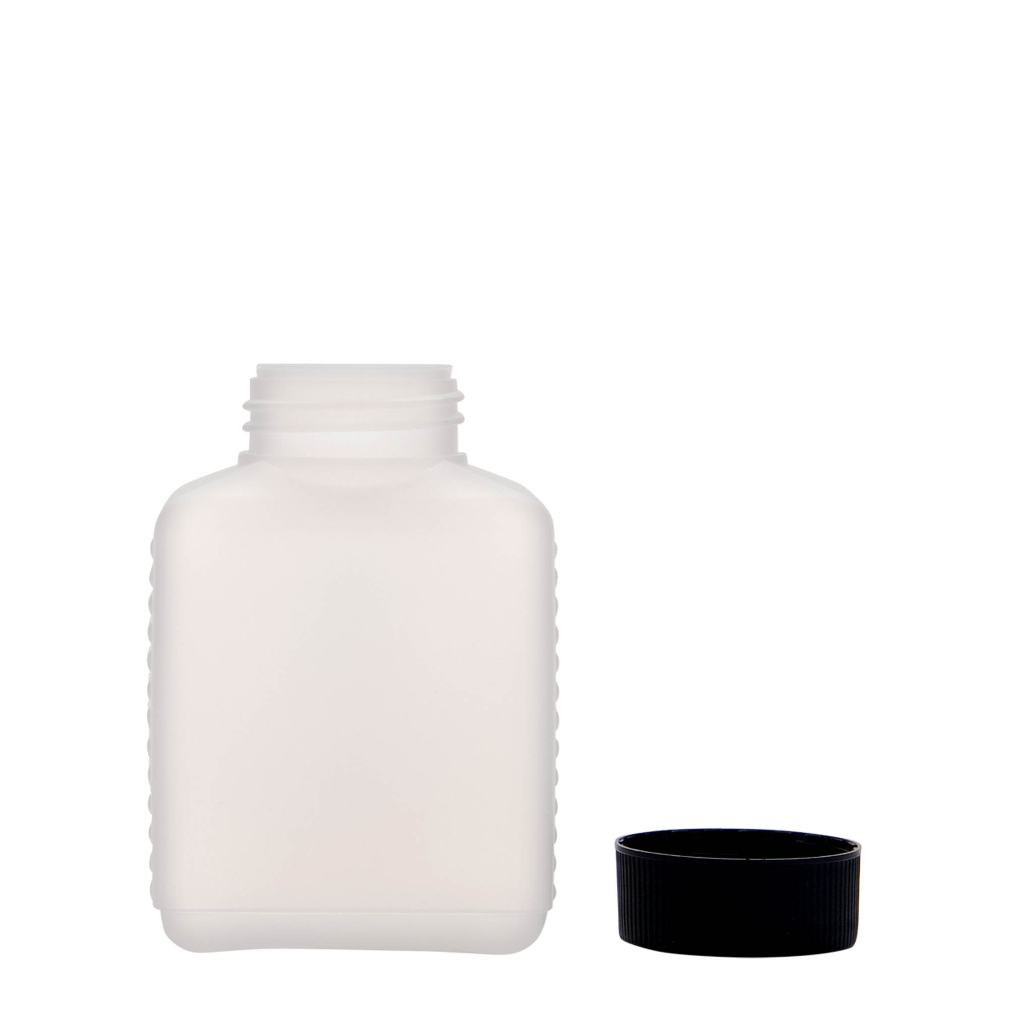 250 ml lai kaelaga pudel, ristkülikukujuline, HDPE-plastik, naturaalne, ava: DIN 40 EPE
