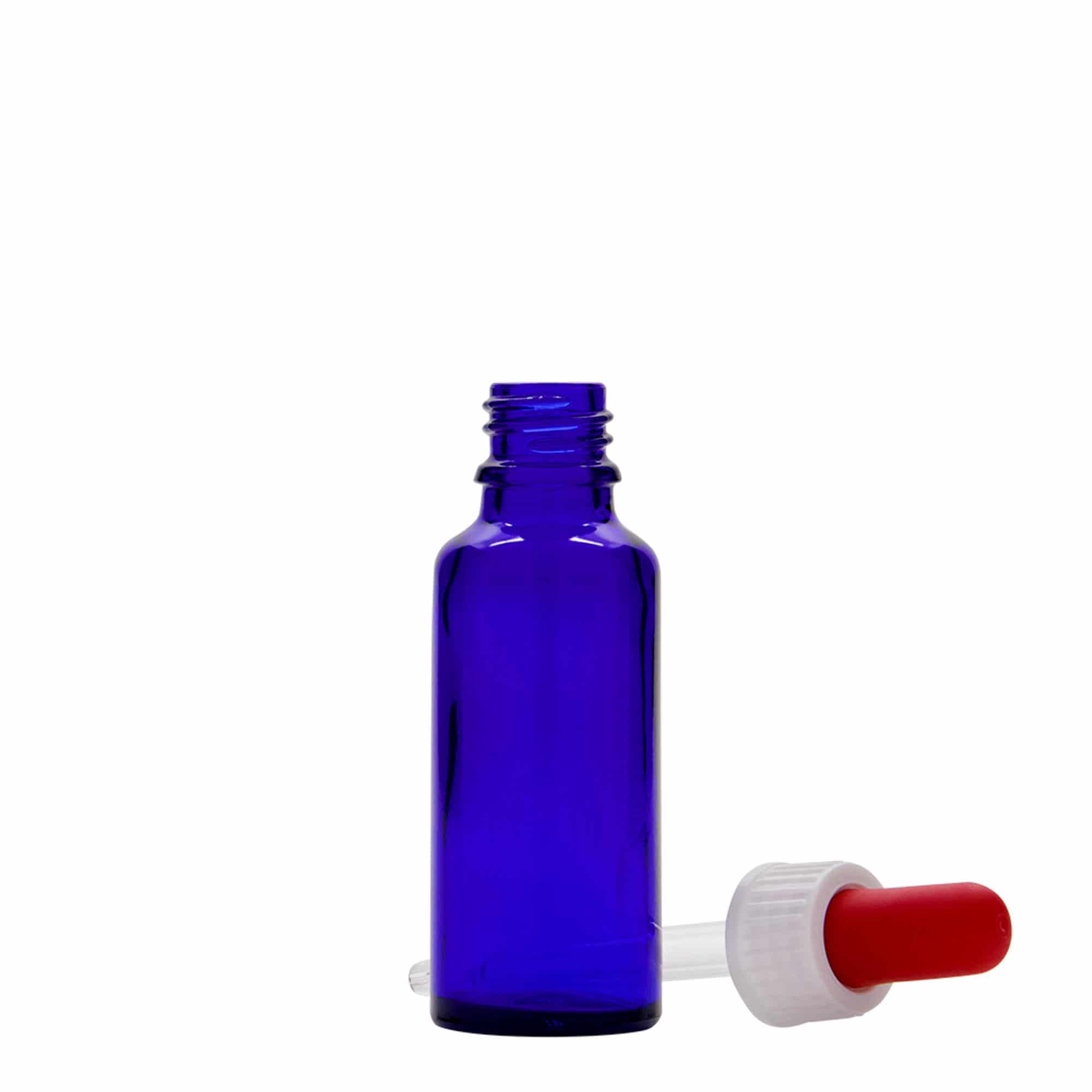 30 ml tilguti pudel meditsiiniks, klaas, kuninglik sinine-punane, suuava: DIN 18