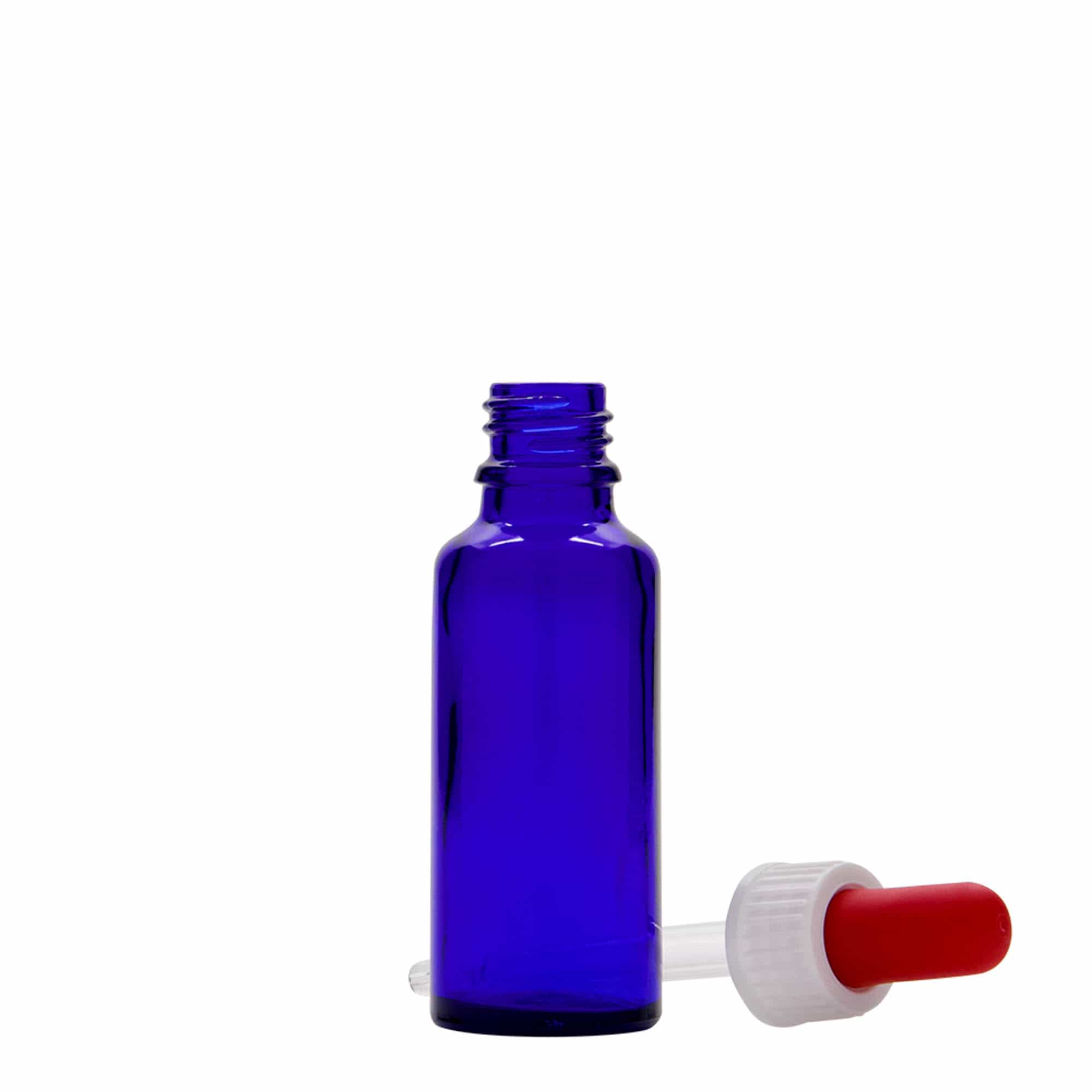 30 ml tilguti pudel meditsiiniks, klaas, kuninglik sinine-punane, suuava: DIN 18